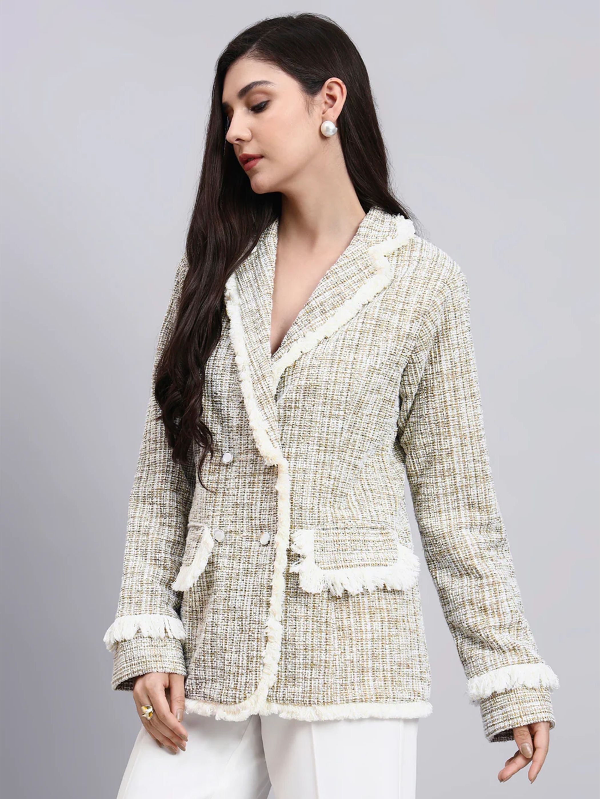 Women Beige Warm Tweed Stretch Blazer Paired With Classic White High-Rise Pleated Trousers