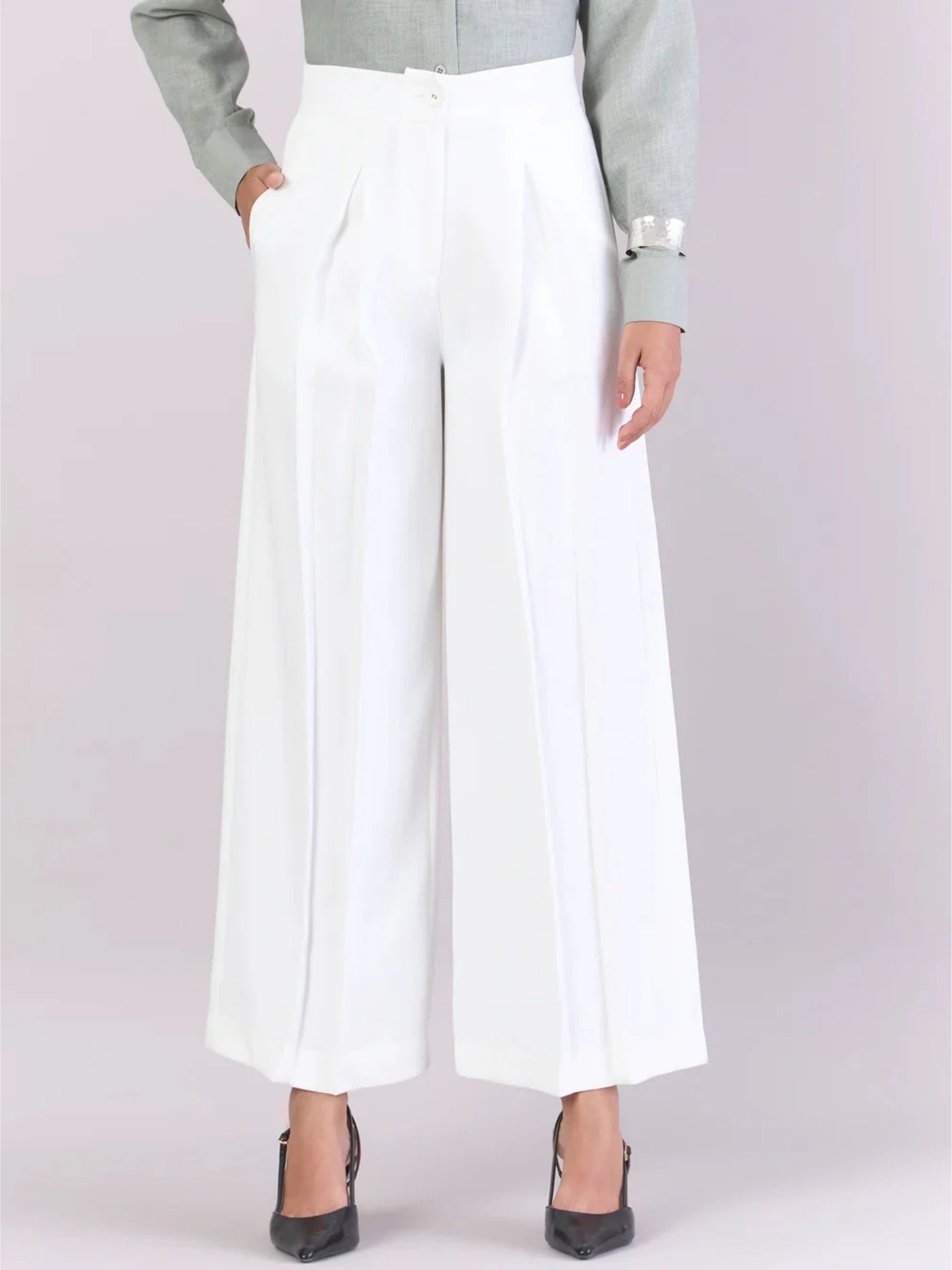Women Beige Warm Tweed Stretch Blazer Paired With Classic White High-Rise Pleated Trousers