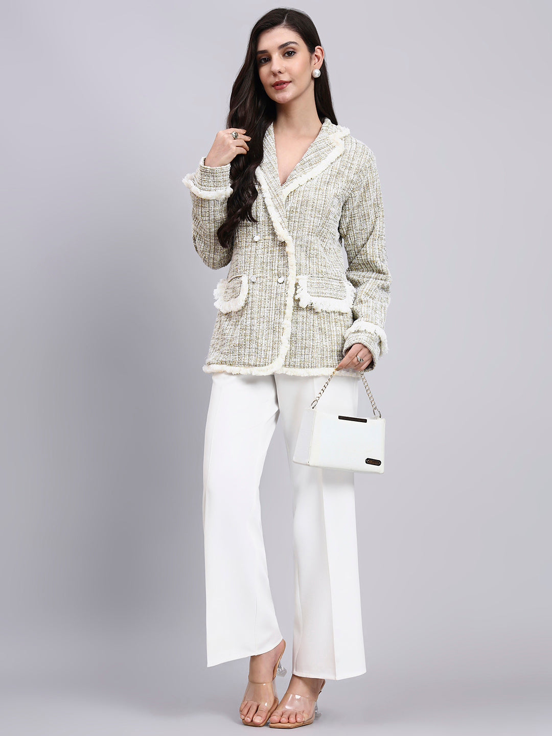 Classic beige warm tweed stretchable Blazer Paired With Classic Regular Fit Mid-Rise Parallel Trousers