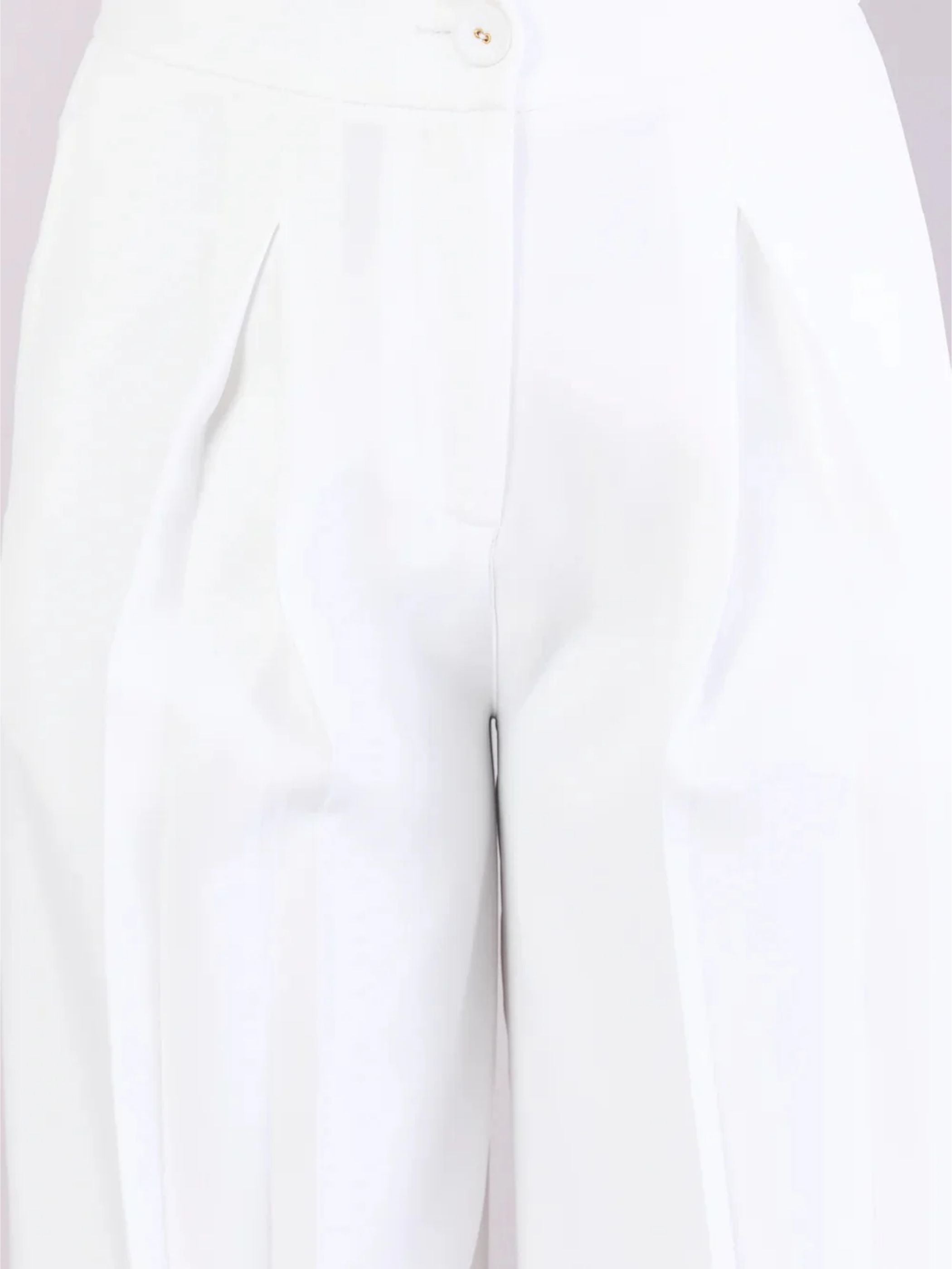 Women Beige Warm Tweed Stretch Blazer Paired With Classic White High-Rise Pleated Trousers