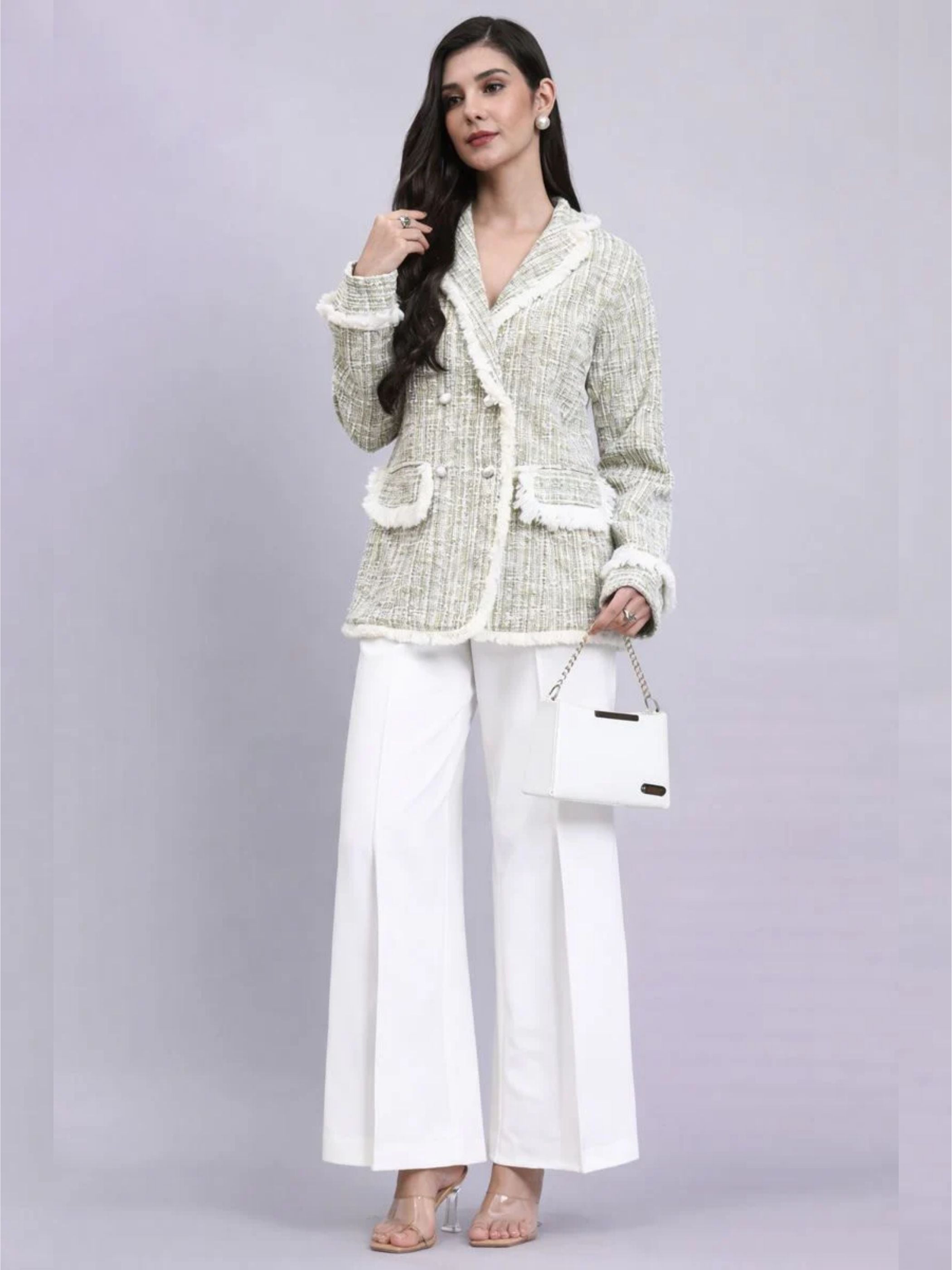 Women Beige Warm Tweed Stretch Blazer Paired With Classic White High-Rise Pleated Trousers