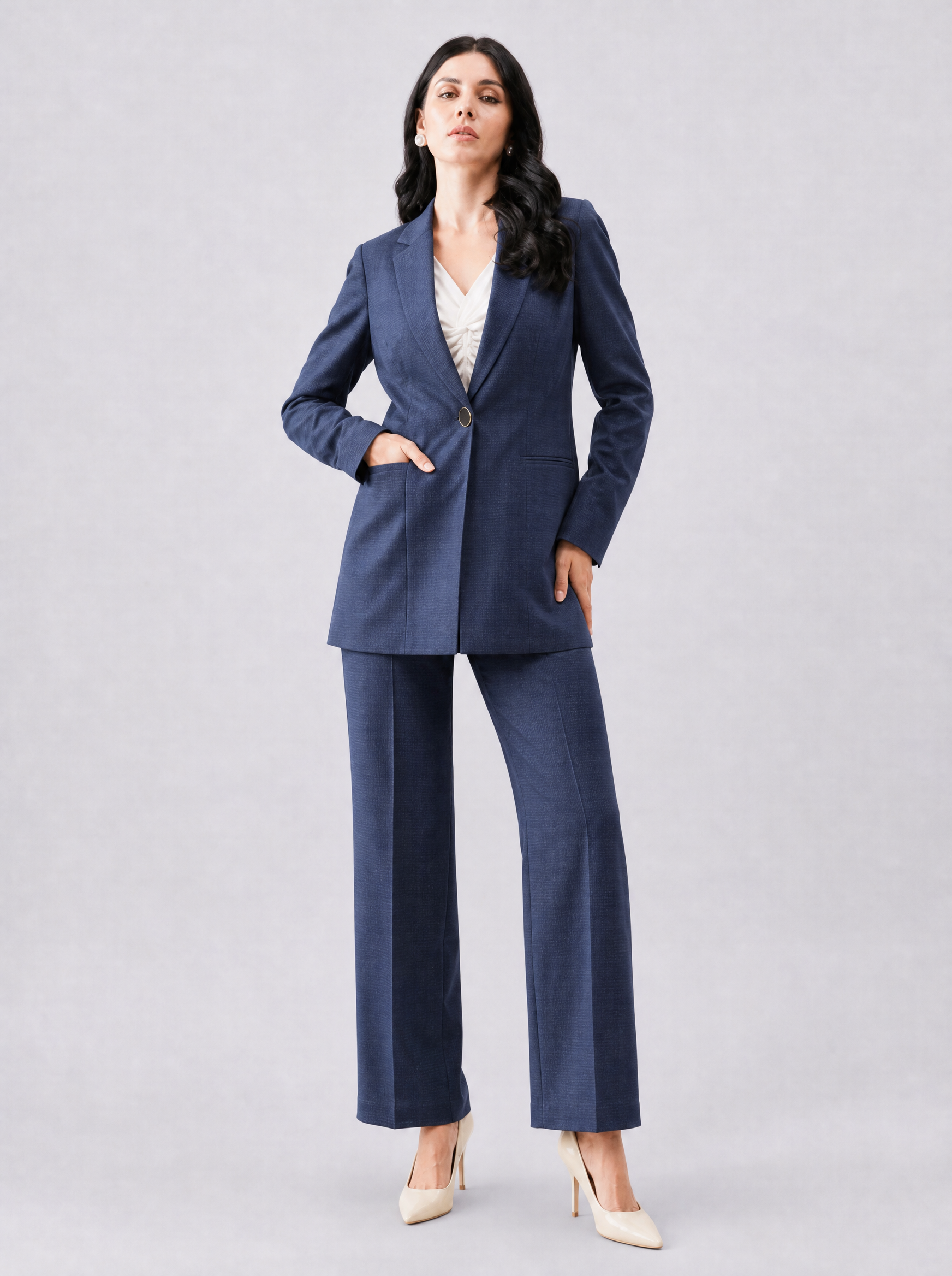 Women Navy Blue Checked Single Breasted Formal Pantsuit