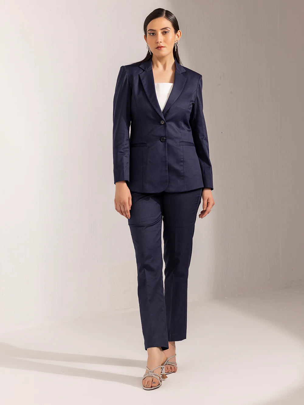Women Navy Blue Single-Breasted Formal Pant Suit