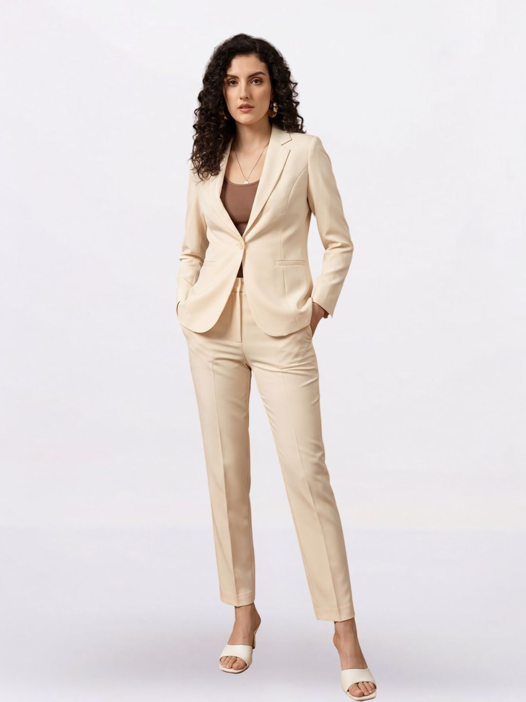 Women Off White Single Breasted Formal Powersuit