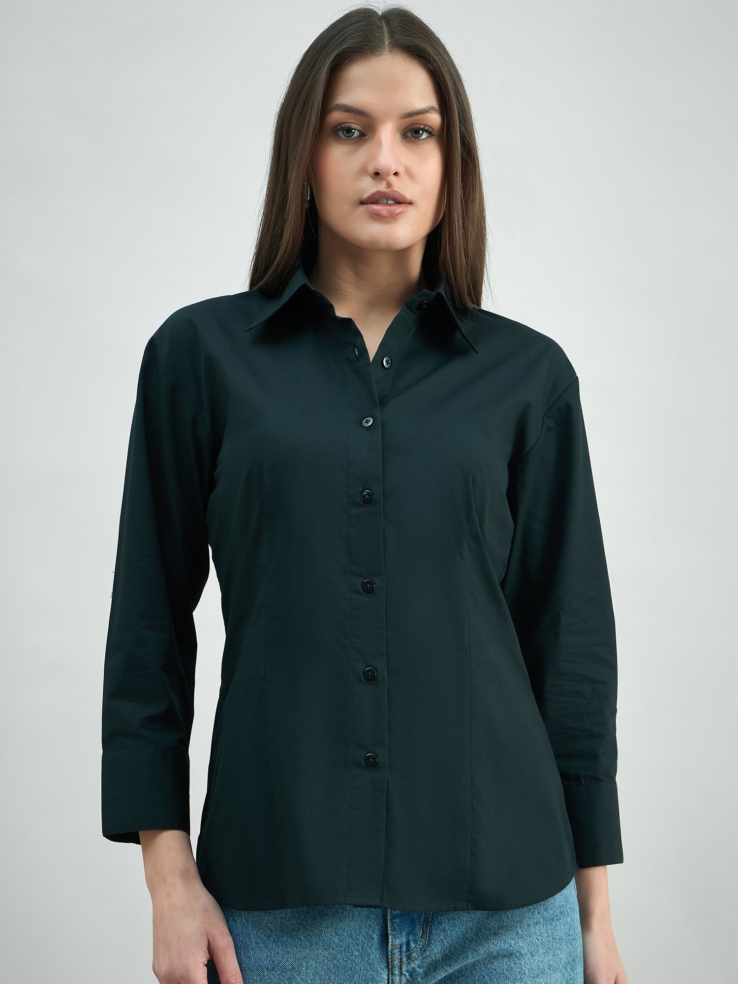 Feminine Classic Button-Down Black Poplin Shirt