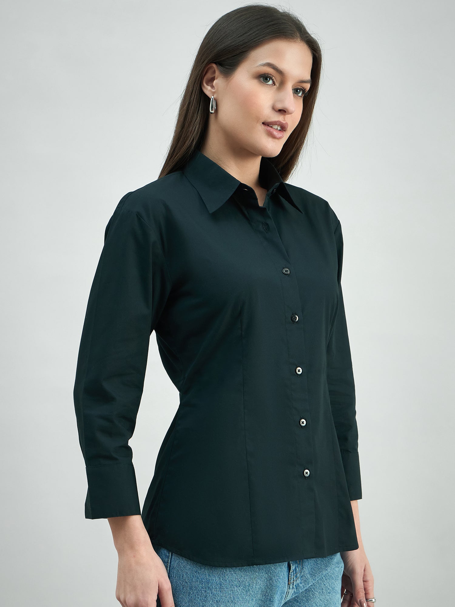 Feminine Classic Button-Down Black Poplin Shirt