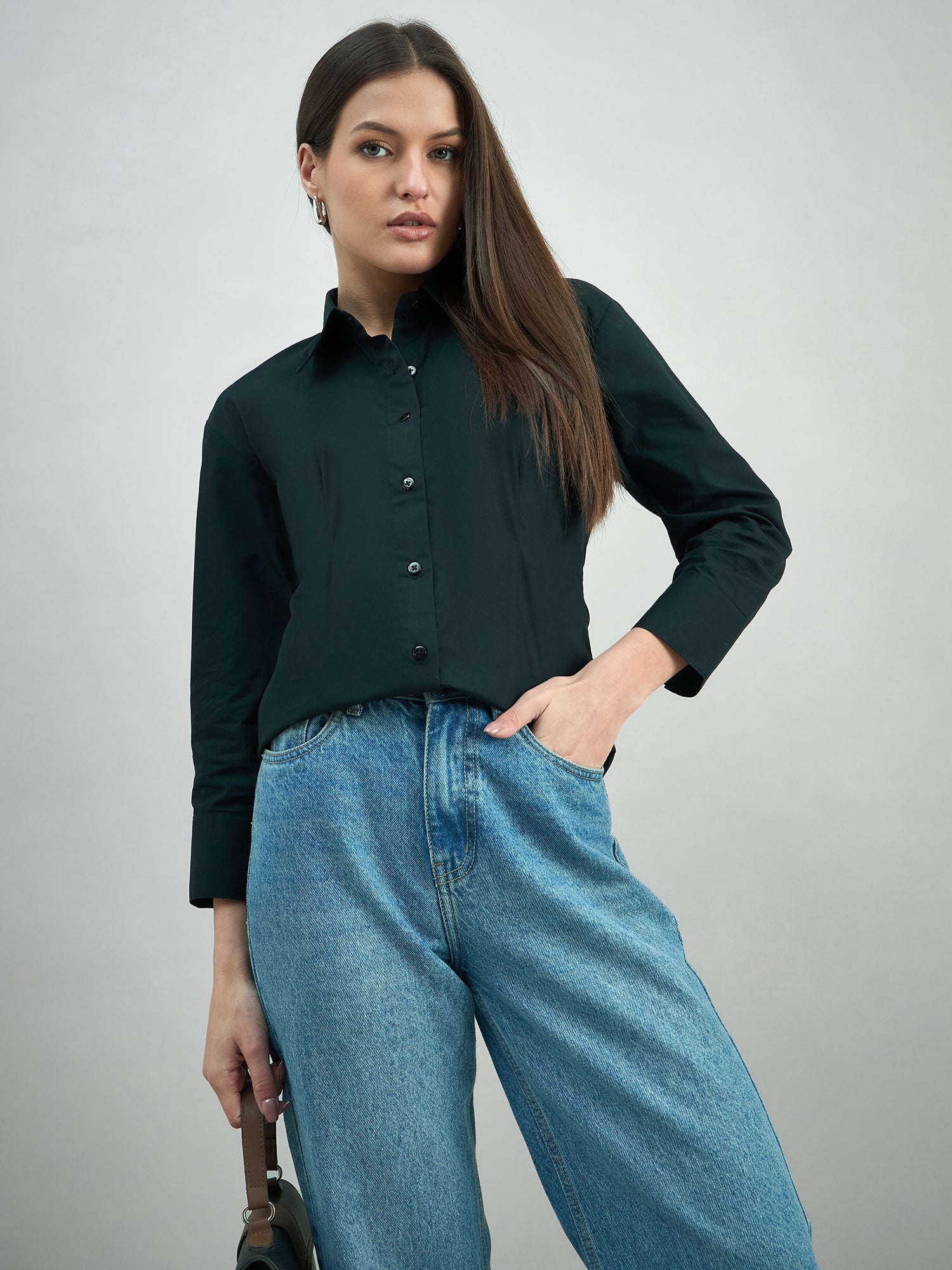 Feminine Classic Button-Down Black Poplin Shirt