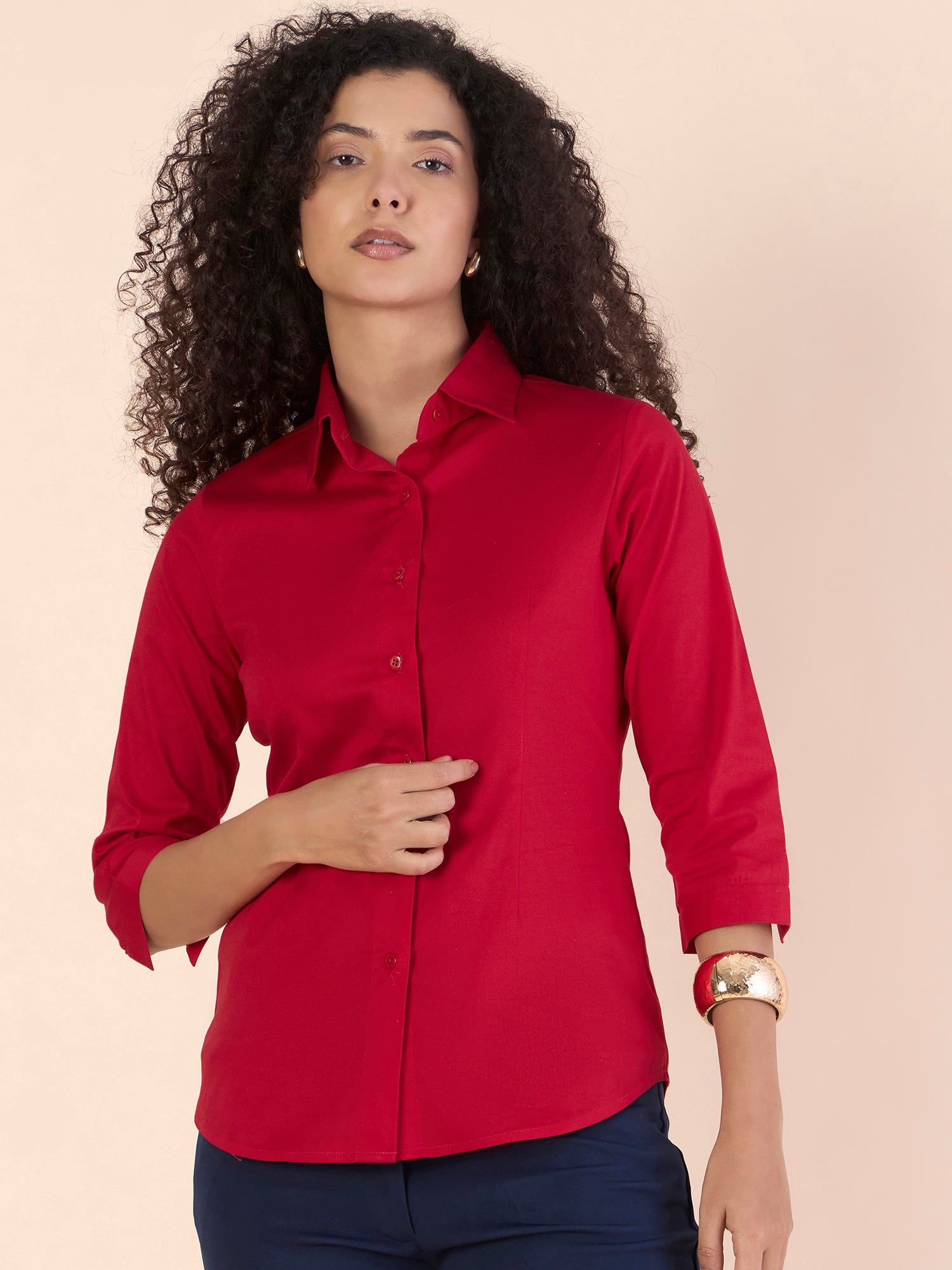 Red Cotton Blend Darted Slim- Fit Stretchable Shirt