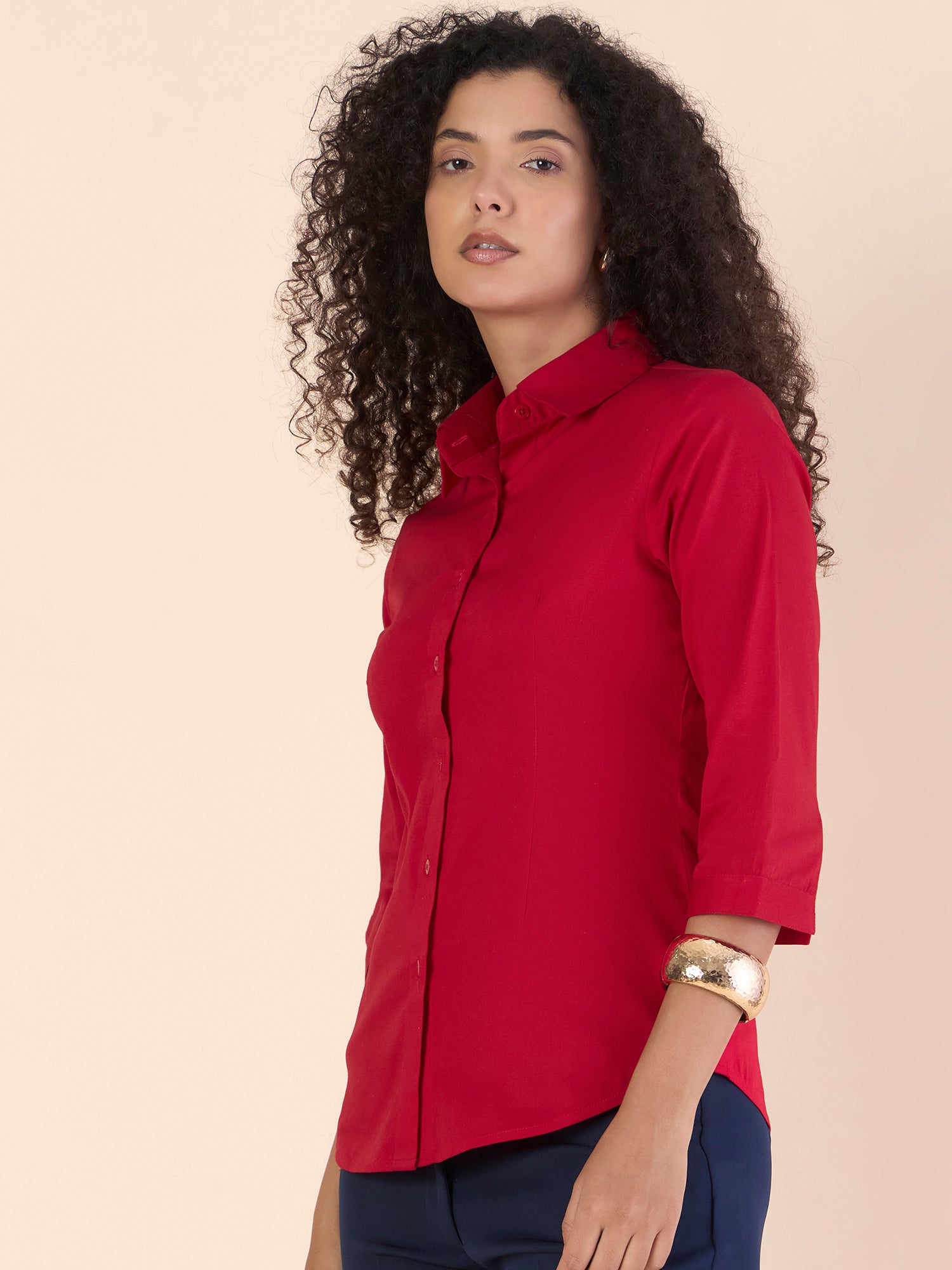 Red Cotton Blend Darted Slim- Fit Stretchable Shirt