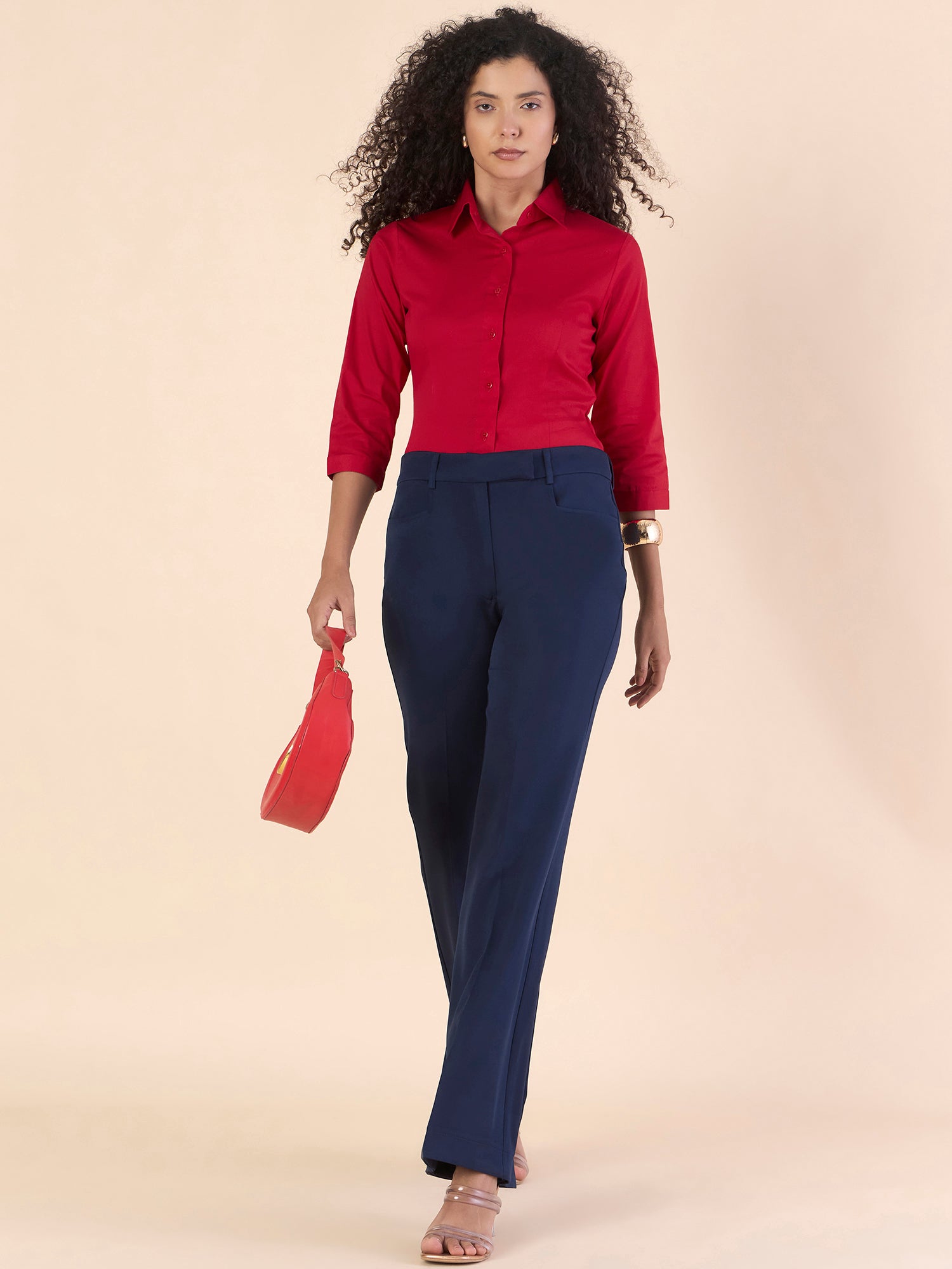 Red Cotton Blend Darted Slim- Fit Stretchable Shirt