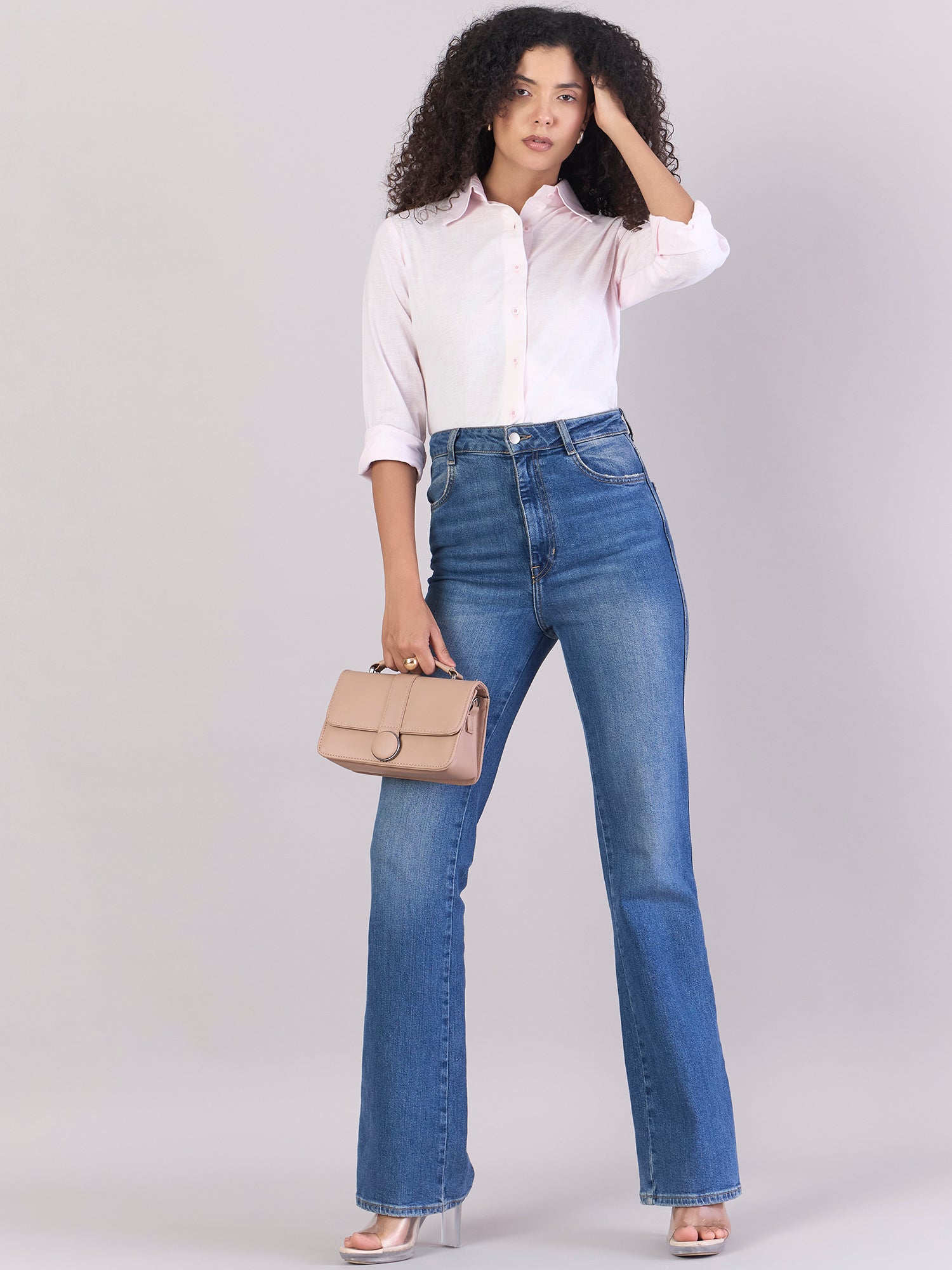 Baby Pink Soft Textured Cotton-Linen Long Sleeve Shirt