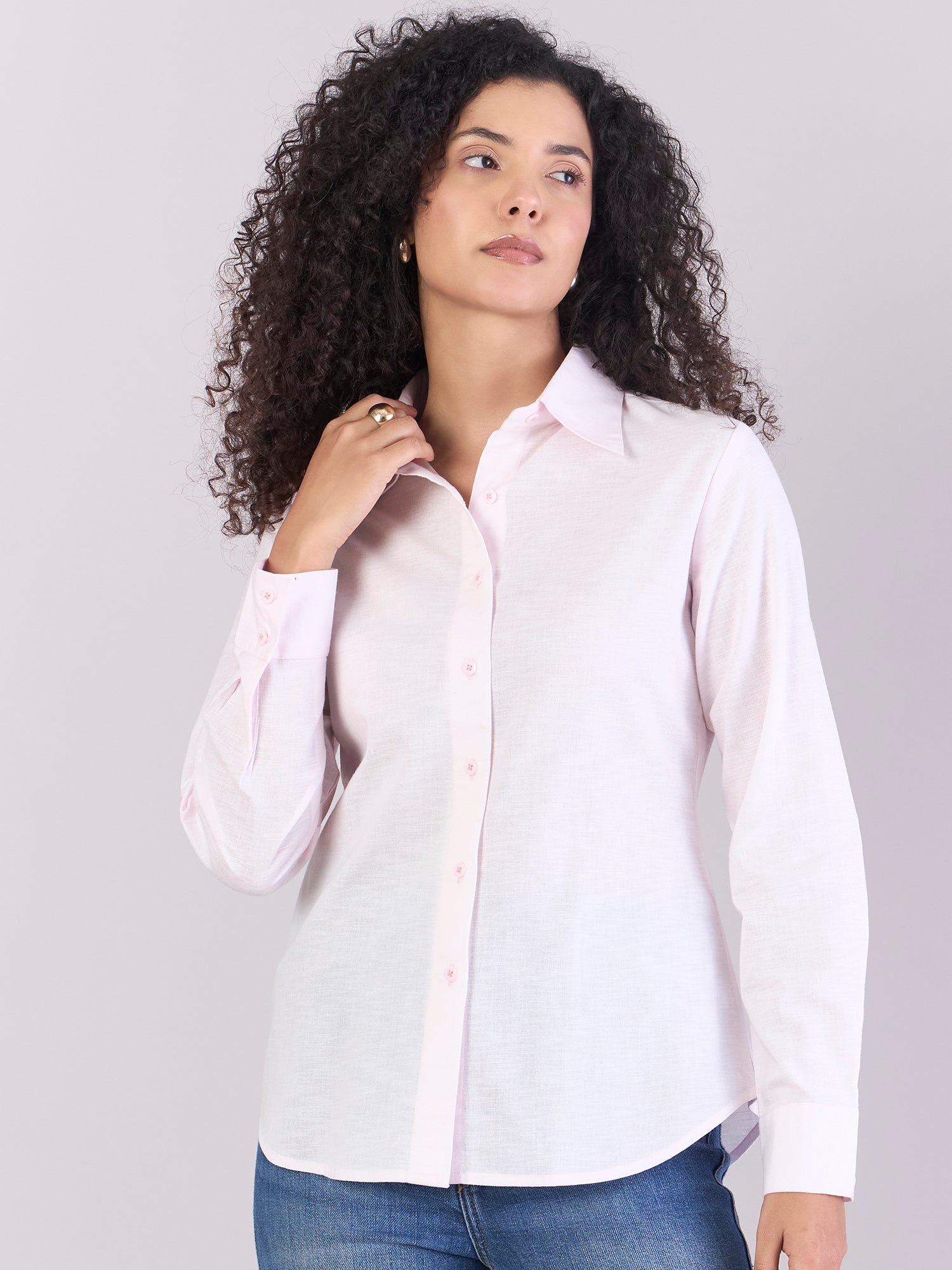 Baby Pink Soft Textured Cotton-Linen Long Sleeve Shirt