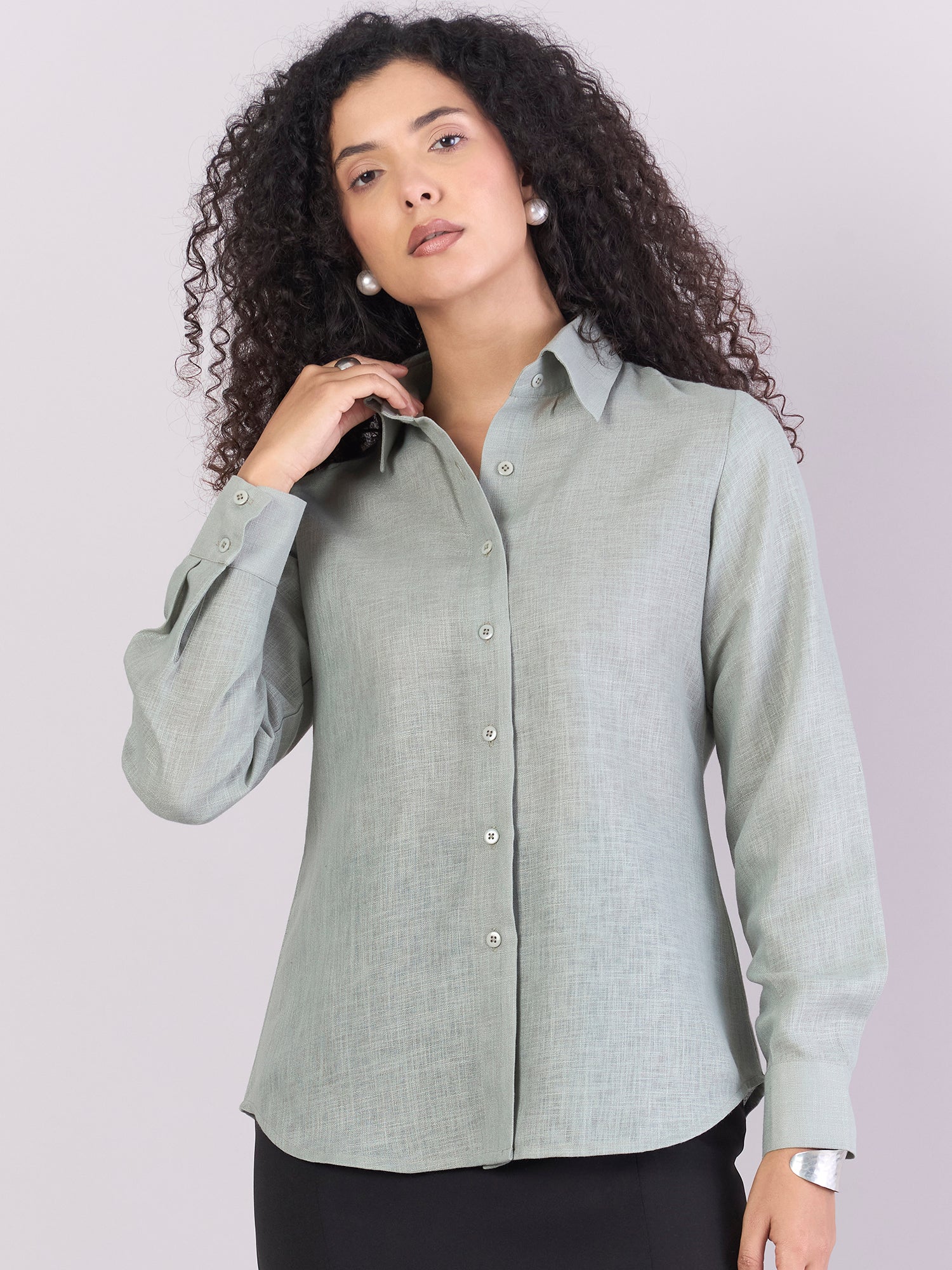 Dusty-Sage Green Lightweight Button-Up Soft Textured Shirt