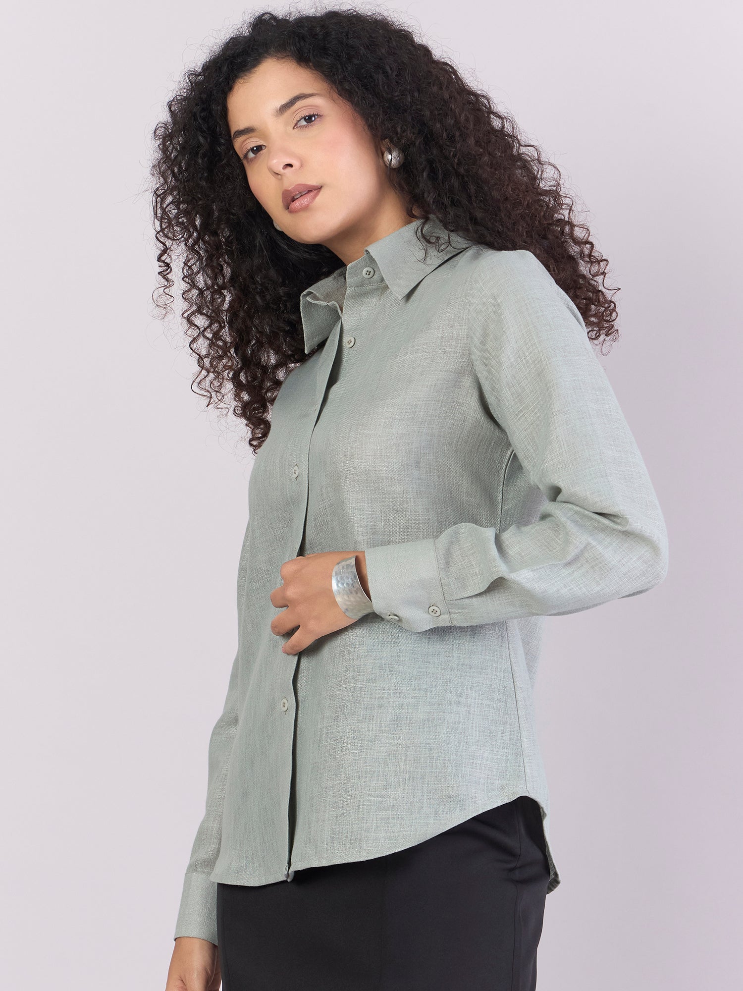 Dusty-Sage Green Lightweight Button-Up Soft Textured Shirt