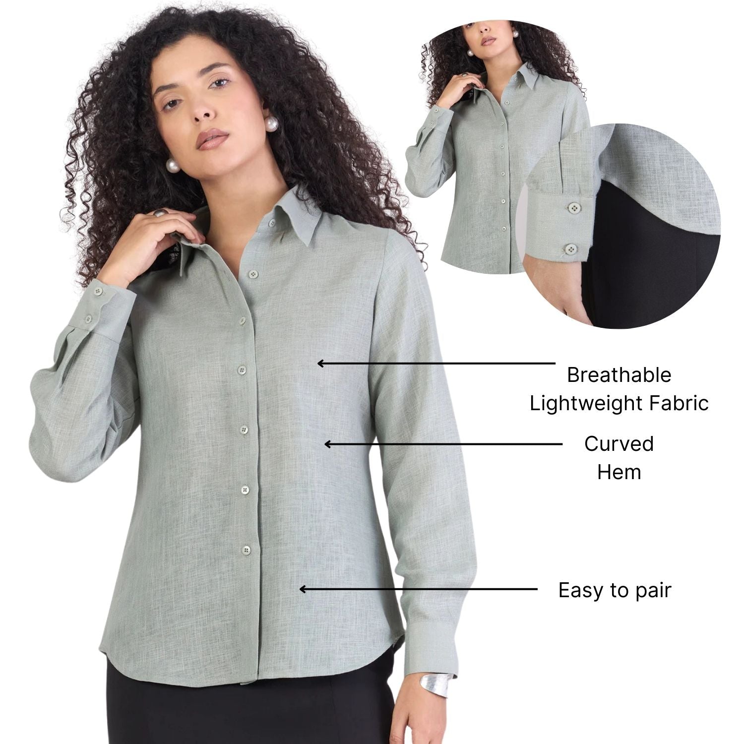 Dusty-Sage Green Lightweight Button-Up Soft Textured Shirt