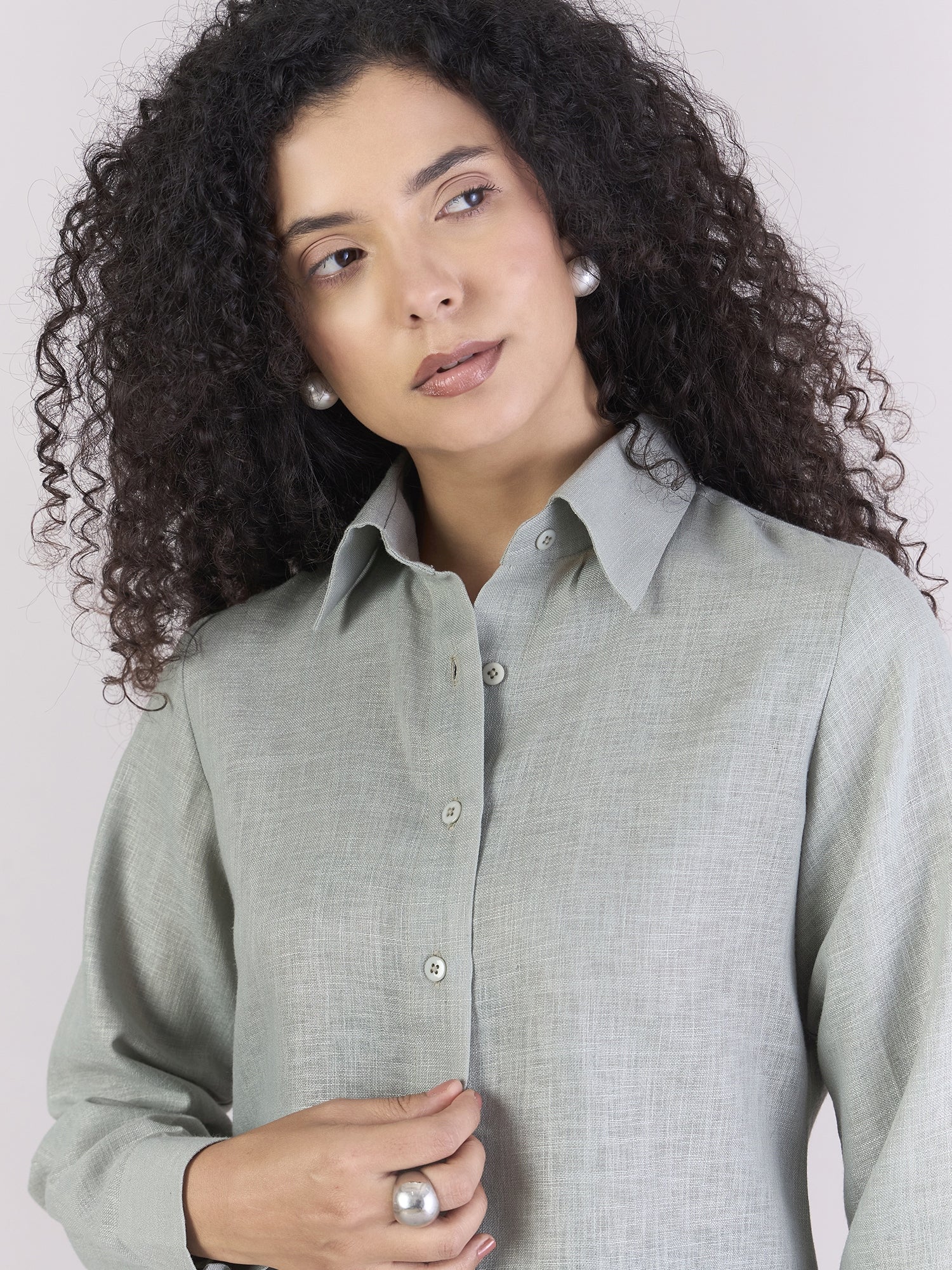 Dusty-Sage Green Lightweight Button-Up Soft Textured Shirt