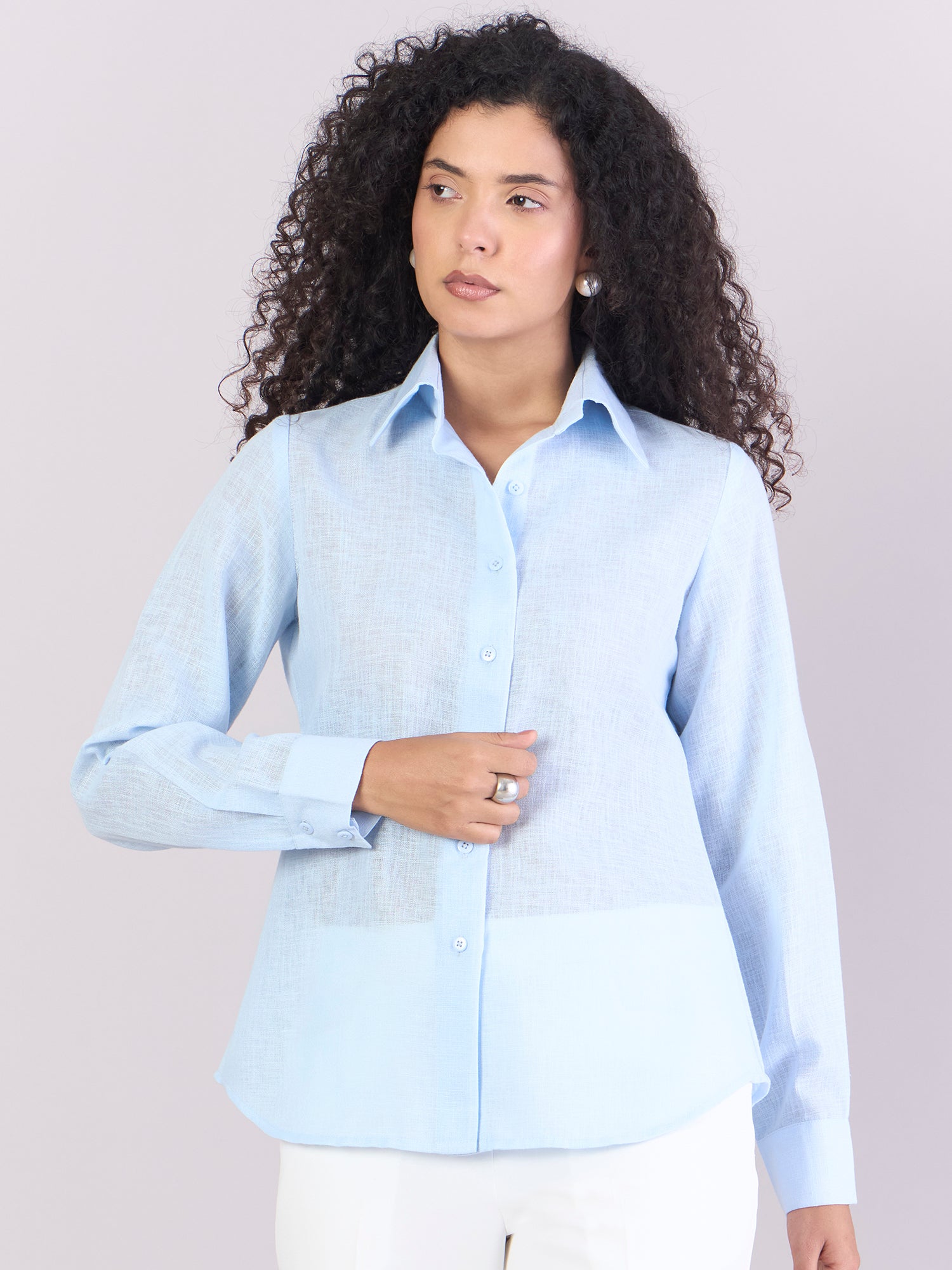 Sky-Blue Lightweight Button-Up Soft Textured Shirt