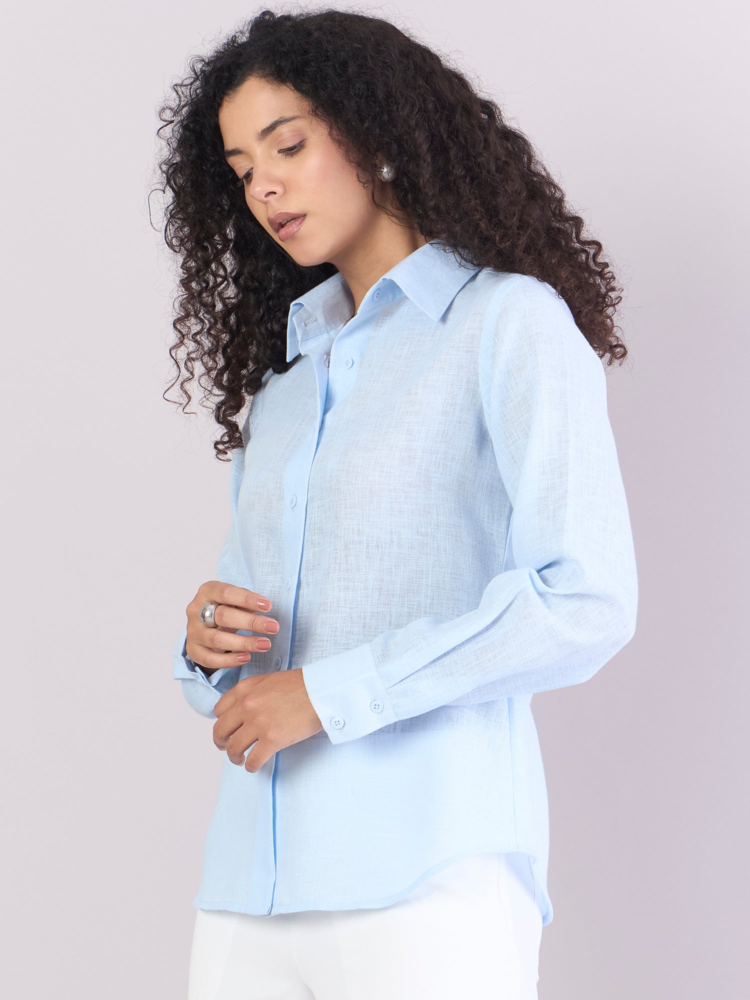 Sky-Blue Lightweight Button-Up Soft Textured Shirt