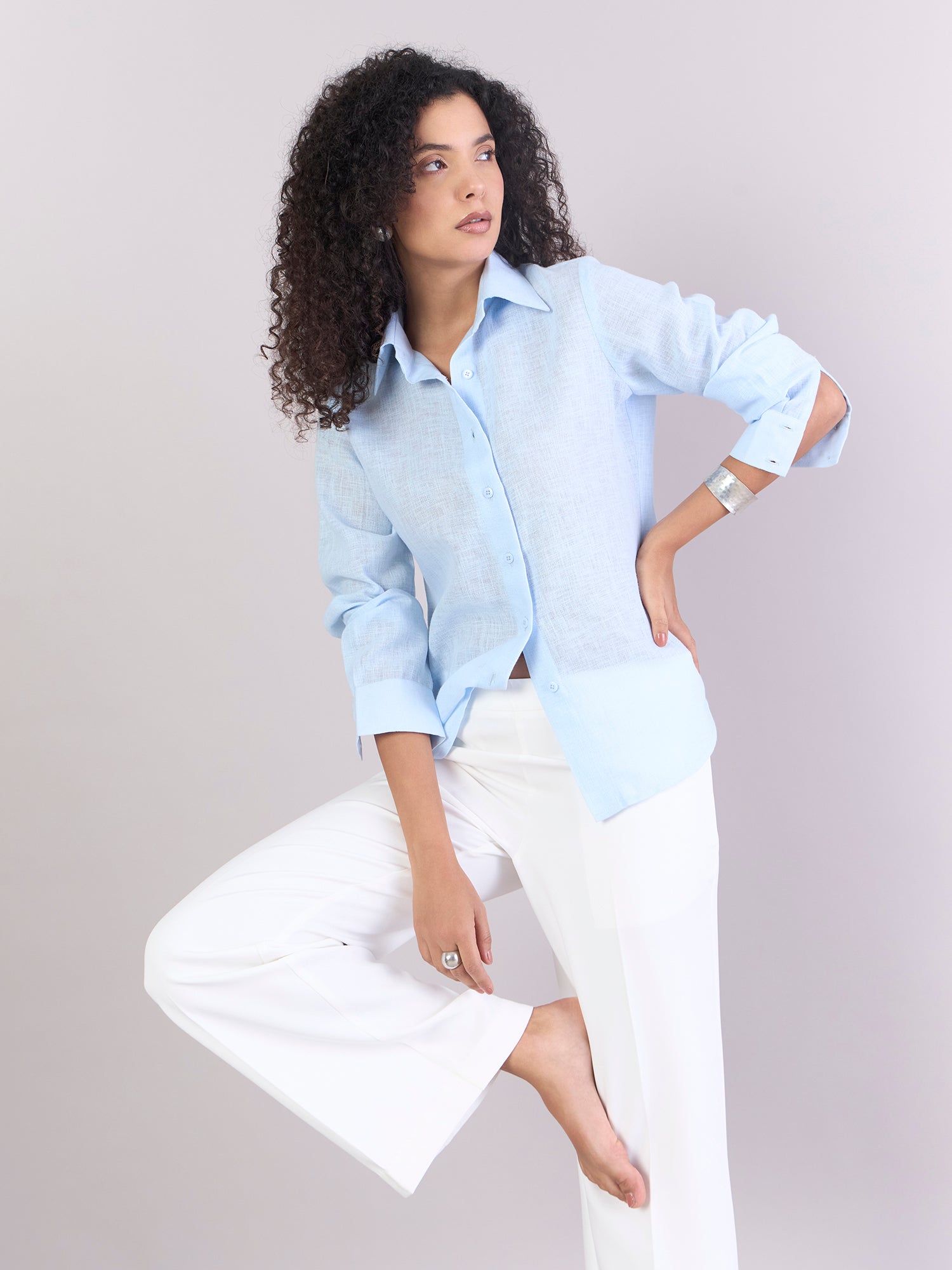 Sky-Blue Lightweight Button-Up Soft Textured Shirt