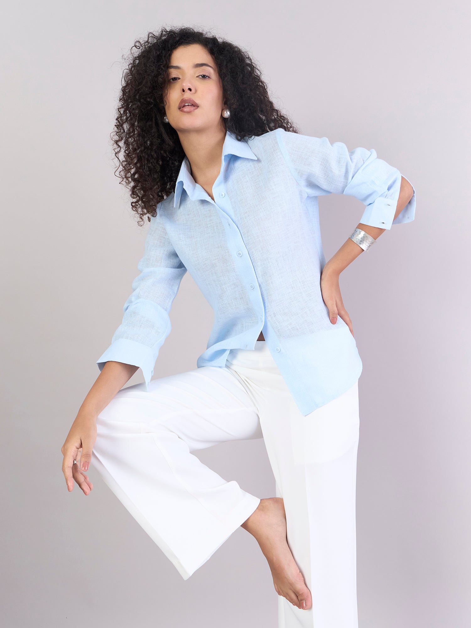 Sky-Blue Lightweight Button-Up Soft Textured Shirt
