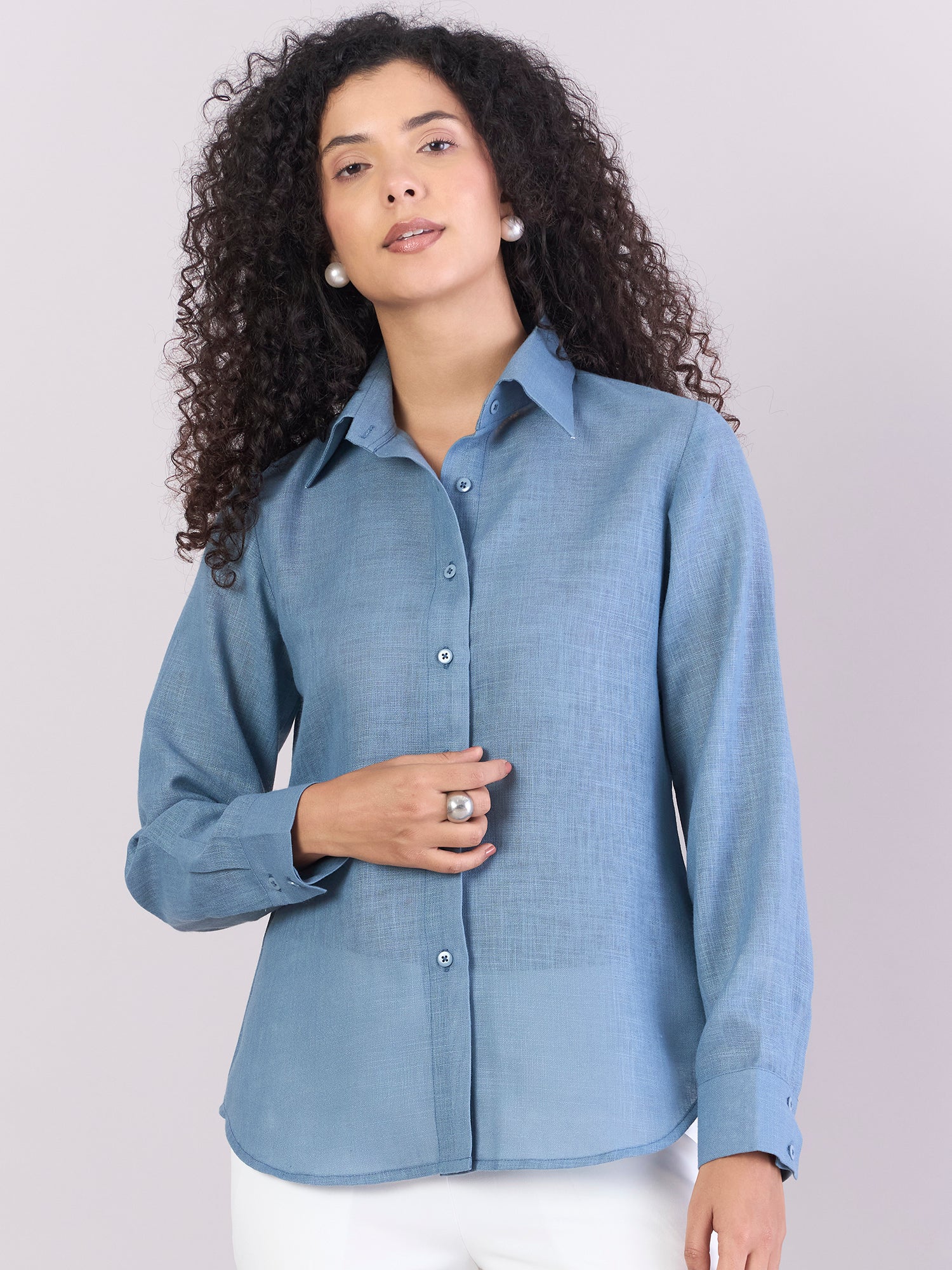 Dusty-Blue Lightweight Button-Up Soft Textured Shirt