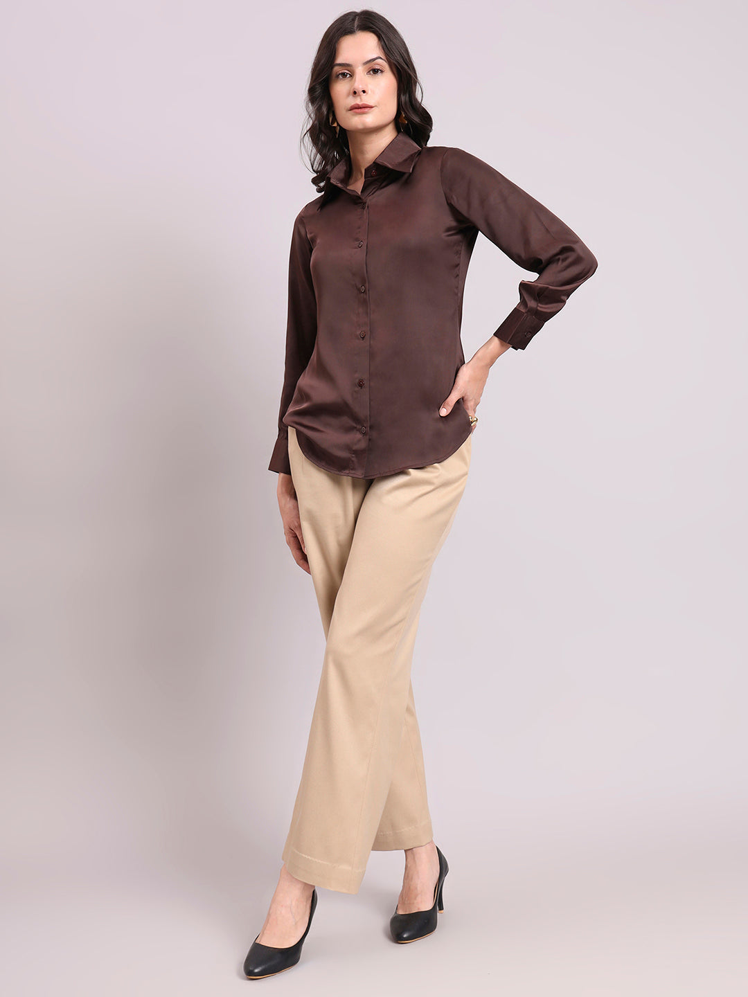 brown dress shirt women's Women Chocolate Brown Satin Long Sleeve Button-Up Shirt