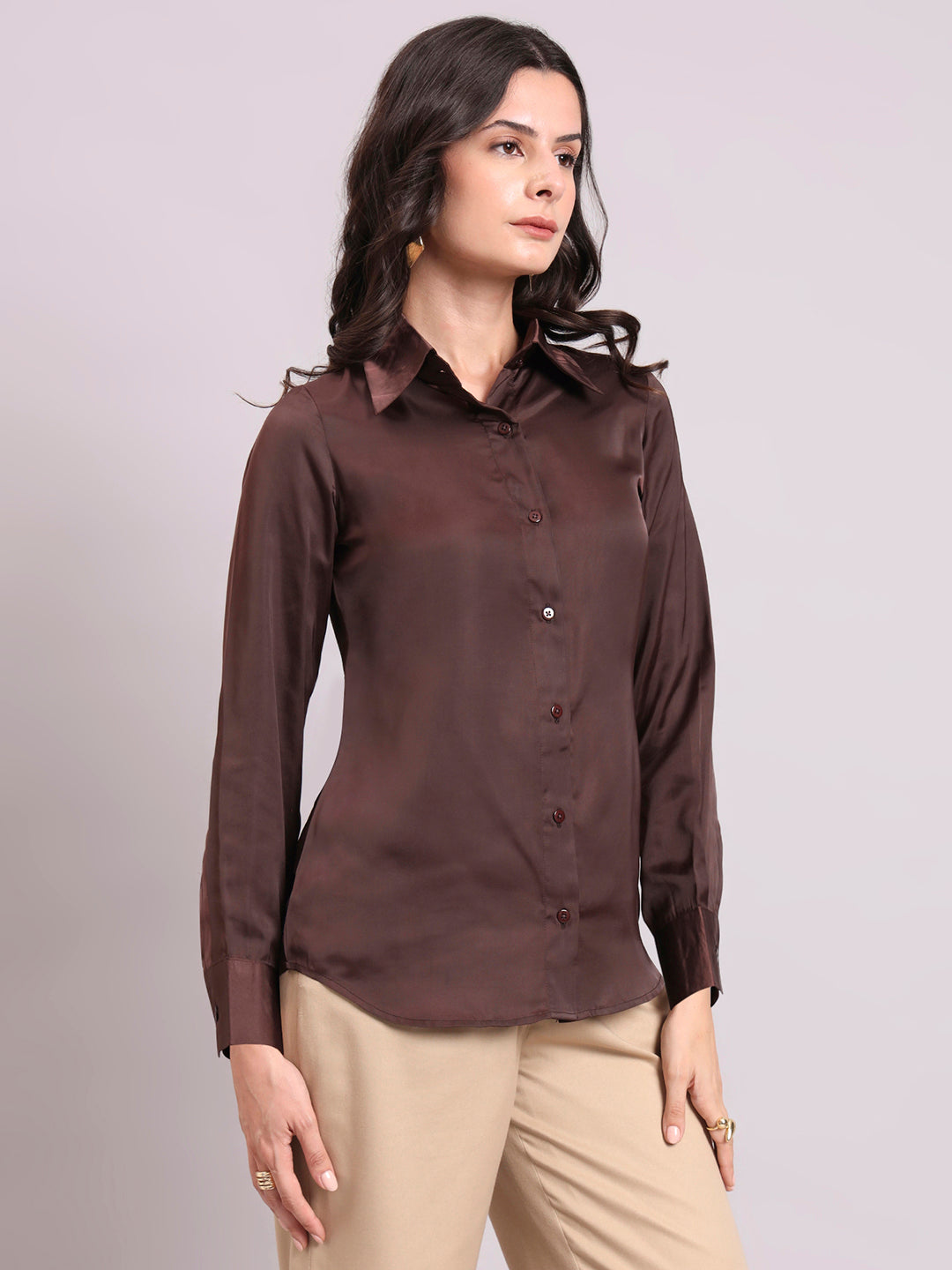 Chocolate Brown Satin Long Sleeve Button-Up Shirt