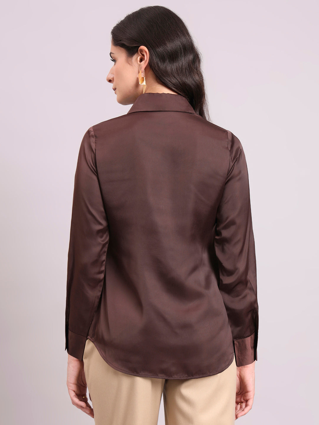 Chocolate Brown Satin Long Sleeve Button-Up Shirt