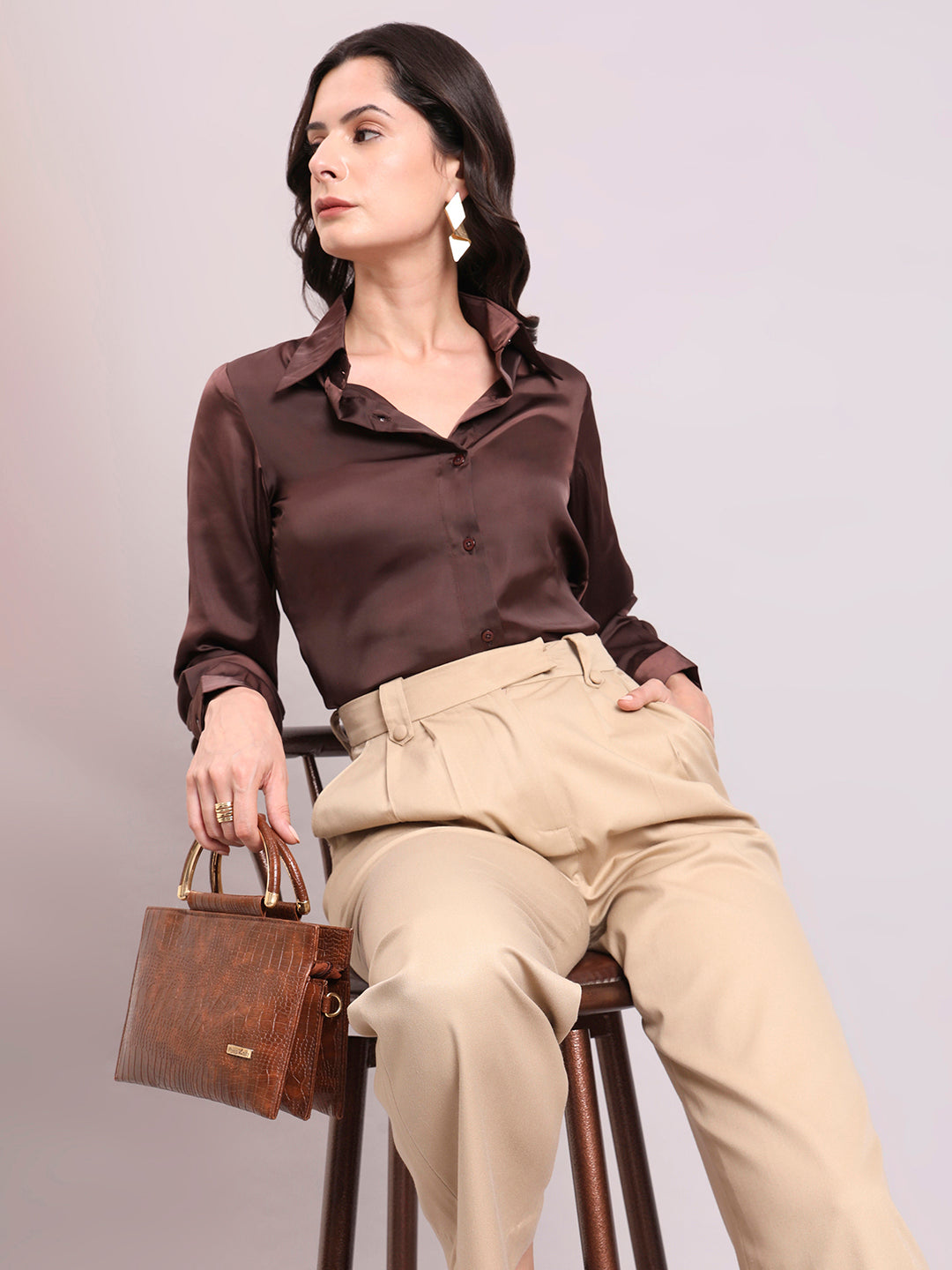 Chocolate Brown Satin Long Sleeve Button-Up Shirt