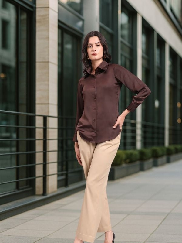 Chocolate Brown Satin Long Sleeve Button-Up Shirt
