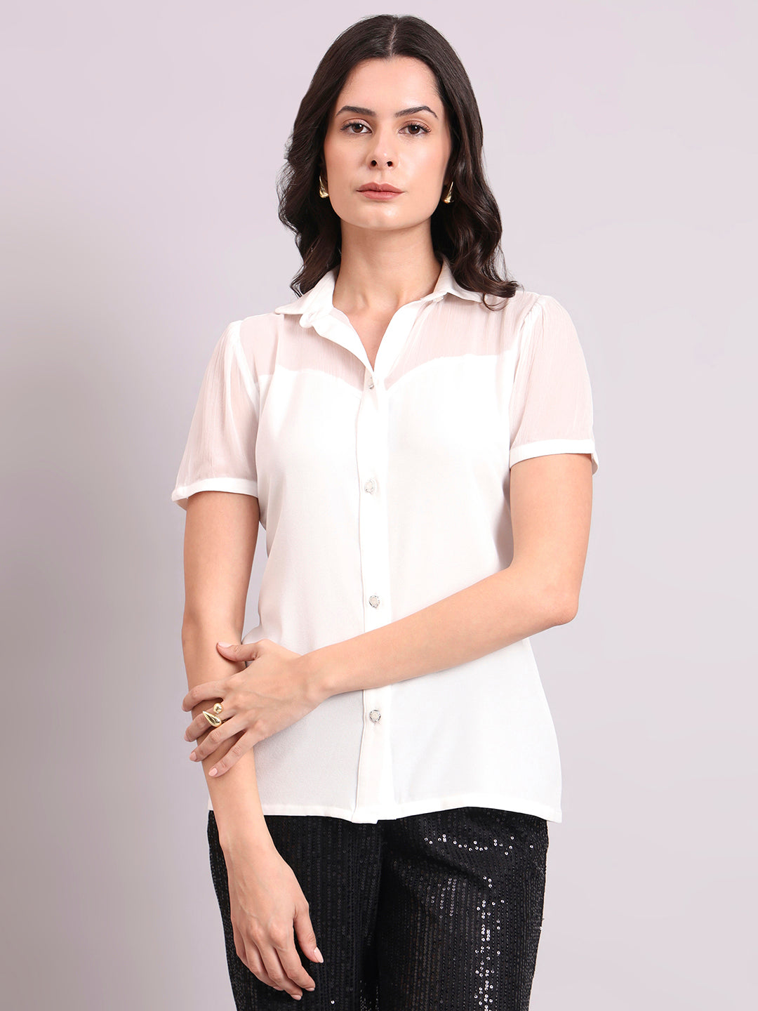 White Crepe Shirt With Fancy Button And Sheer Details
