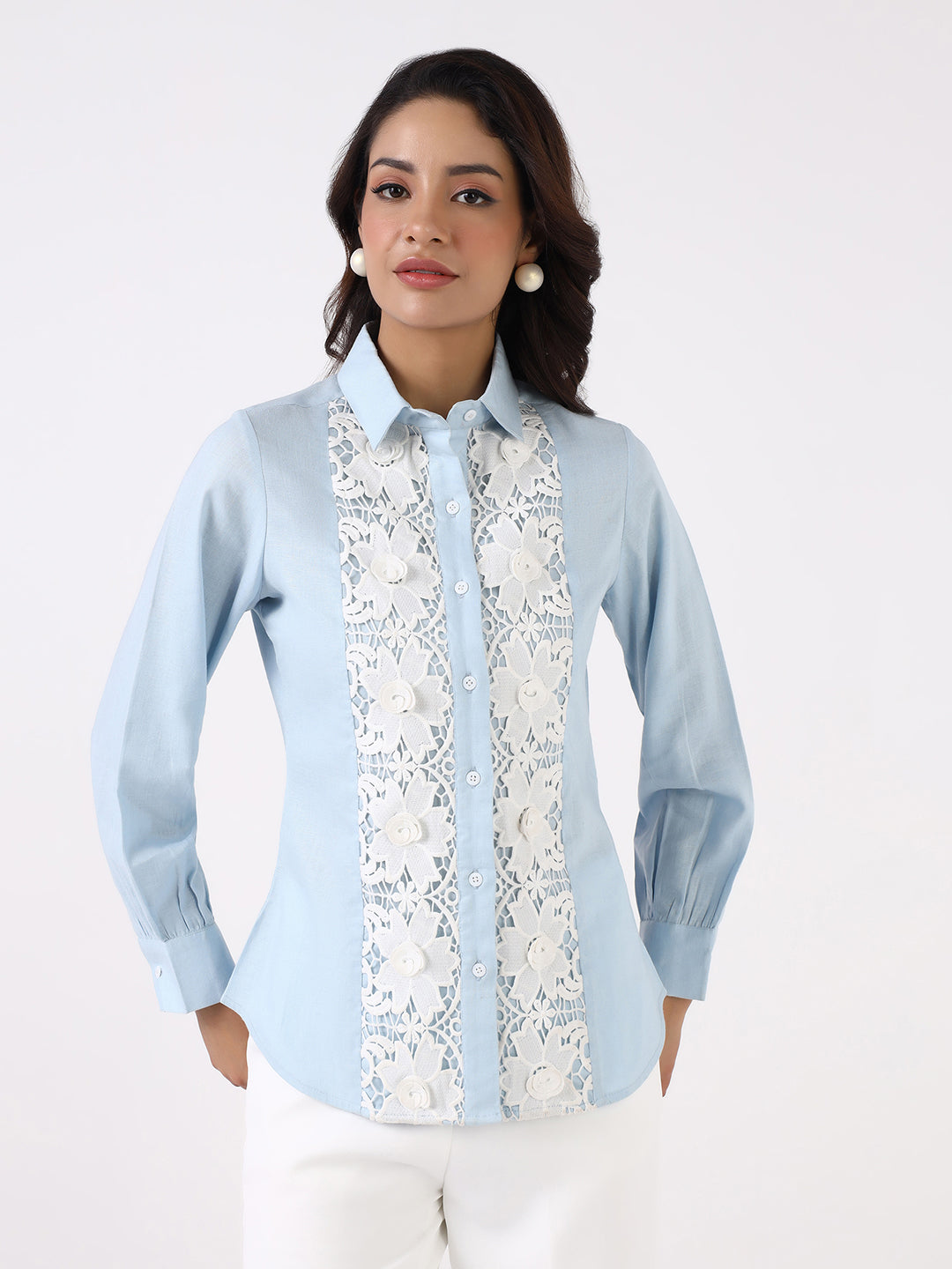 Women Sky Blue Floral Lace Shirt