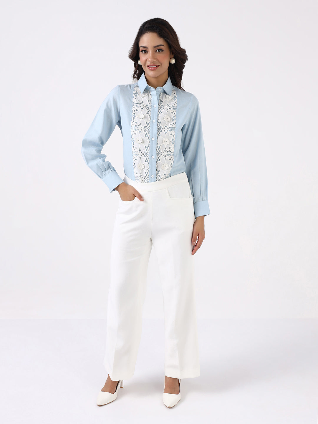 Women Sky Blue Floral Lace Shirt