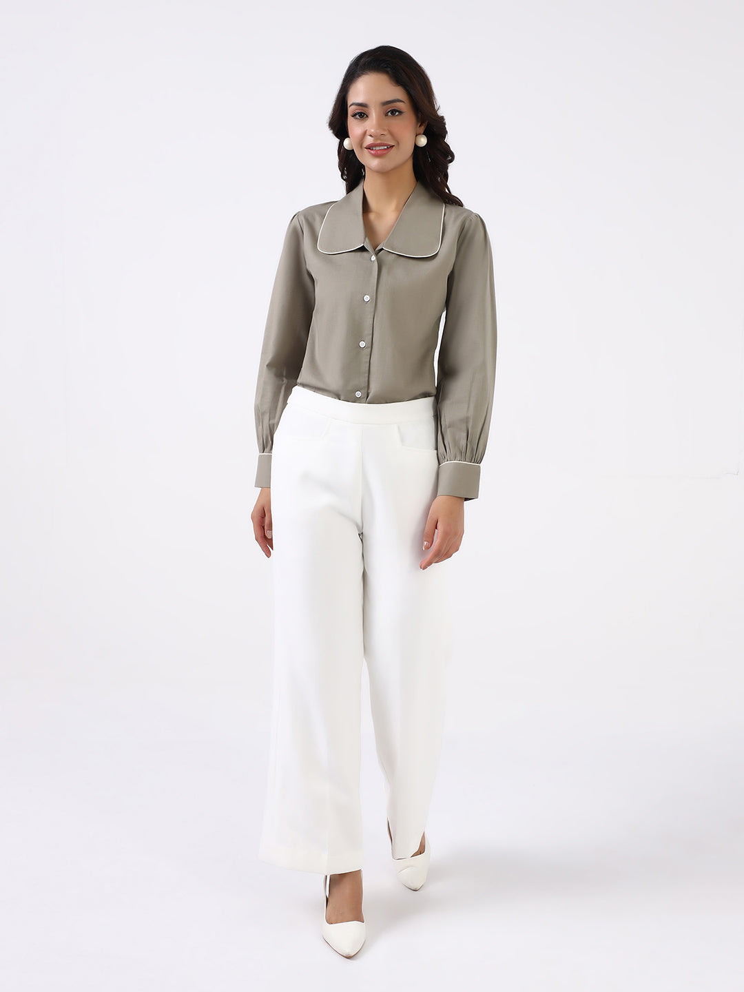 Women sage green shirt with white relaxed fit Trouser