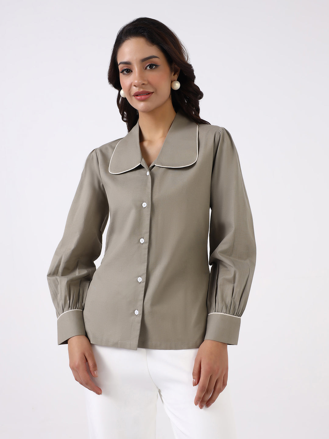 Women Sage-Green Peter Pan Collar Shirt