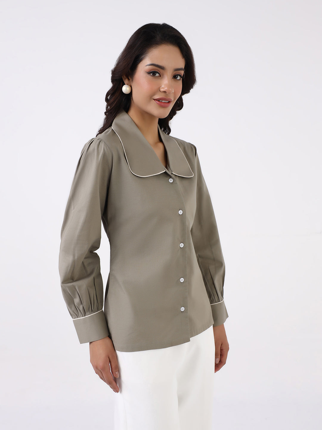 Women sage green shirt with white relaxed fit Trouser