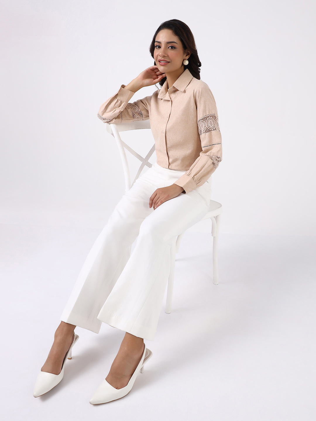 Women Beige Lace Panel Shirt