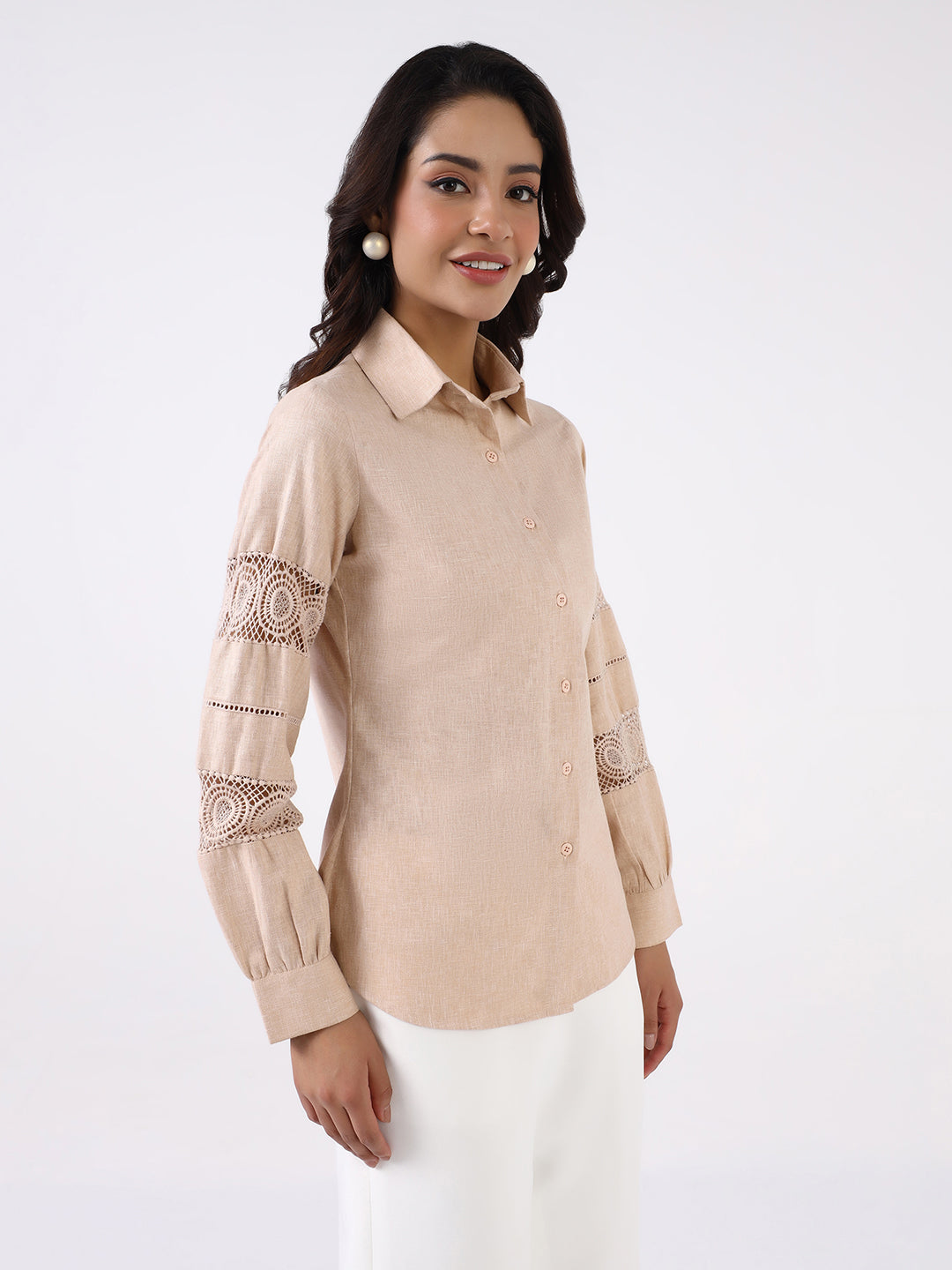 Women Beige Lace Panel Shirt