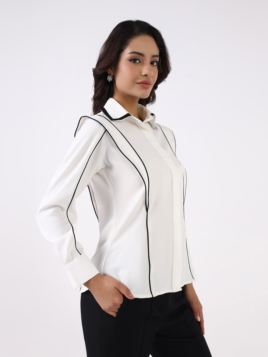 Women White Contrast Piping Shirt