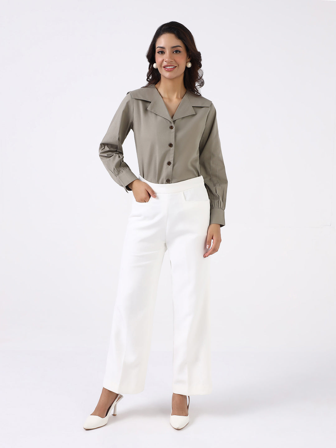 Women Sage Green Notch Collar Shirt