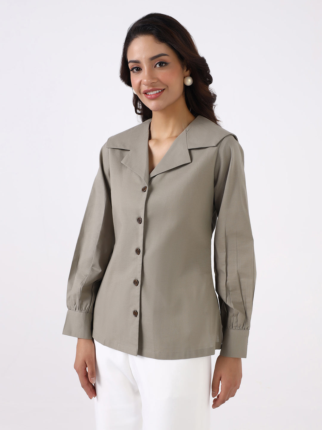 Women Sage Green Notch Collar Shirt