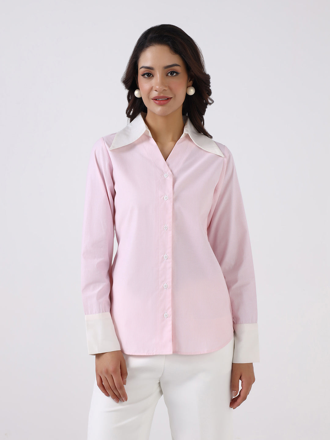 Women Pink Tailored Shirt with White Relaxed-fit Trouser