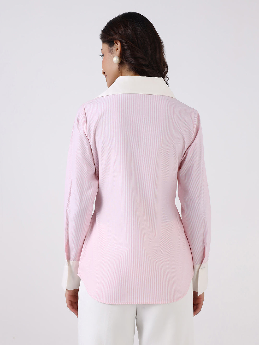 Women Pink Tailored Shirt with White Relaxed-fit Trouser