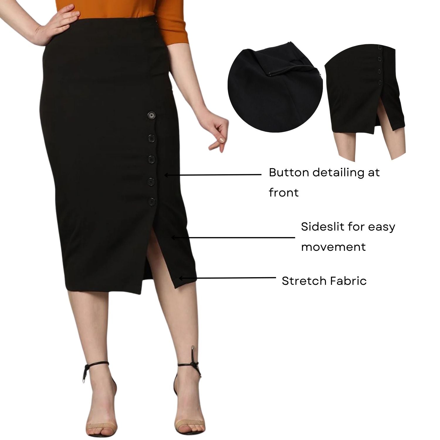 Women Straight Fit Stretch Longline Button Detail Skirt-Black