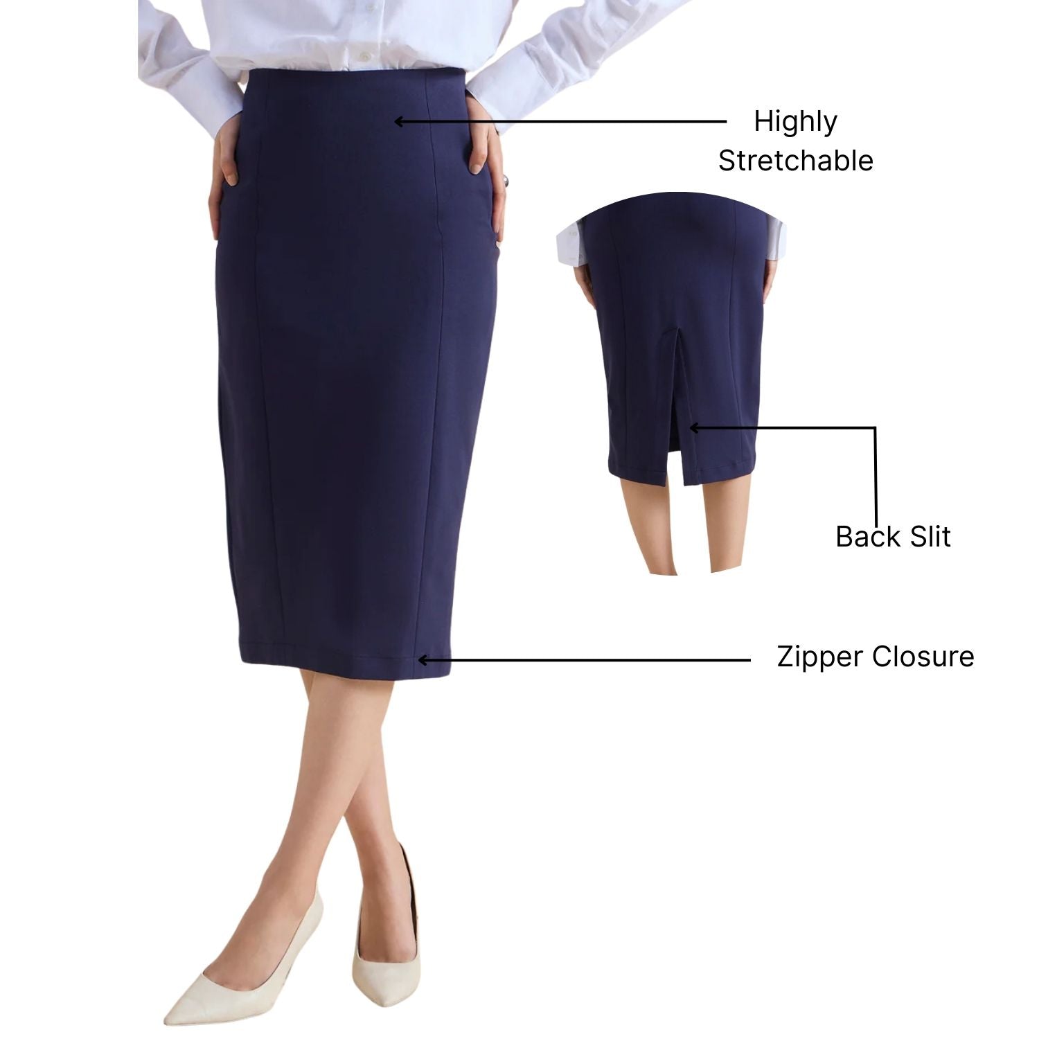 Women 4-Way Stretch Navy Blue Pencil Skirt