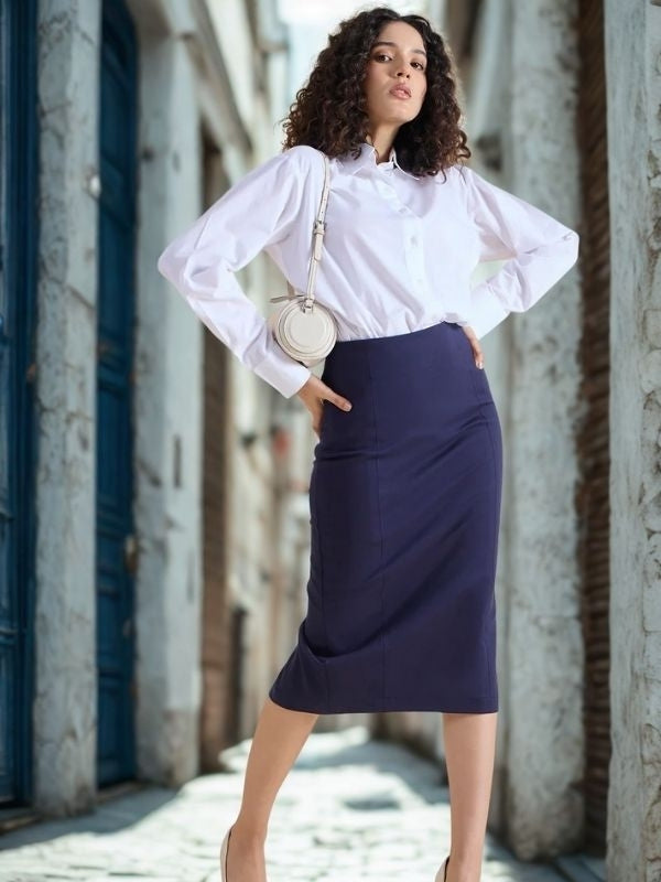 Women 4-Way Stretch Navy Blue Pencil Skirt