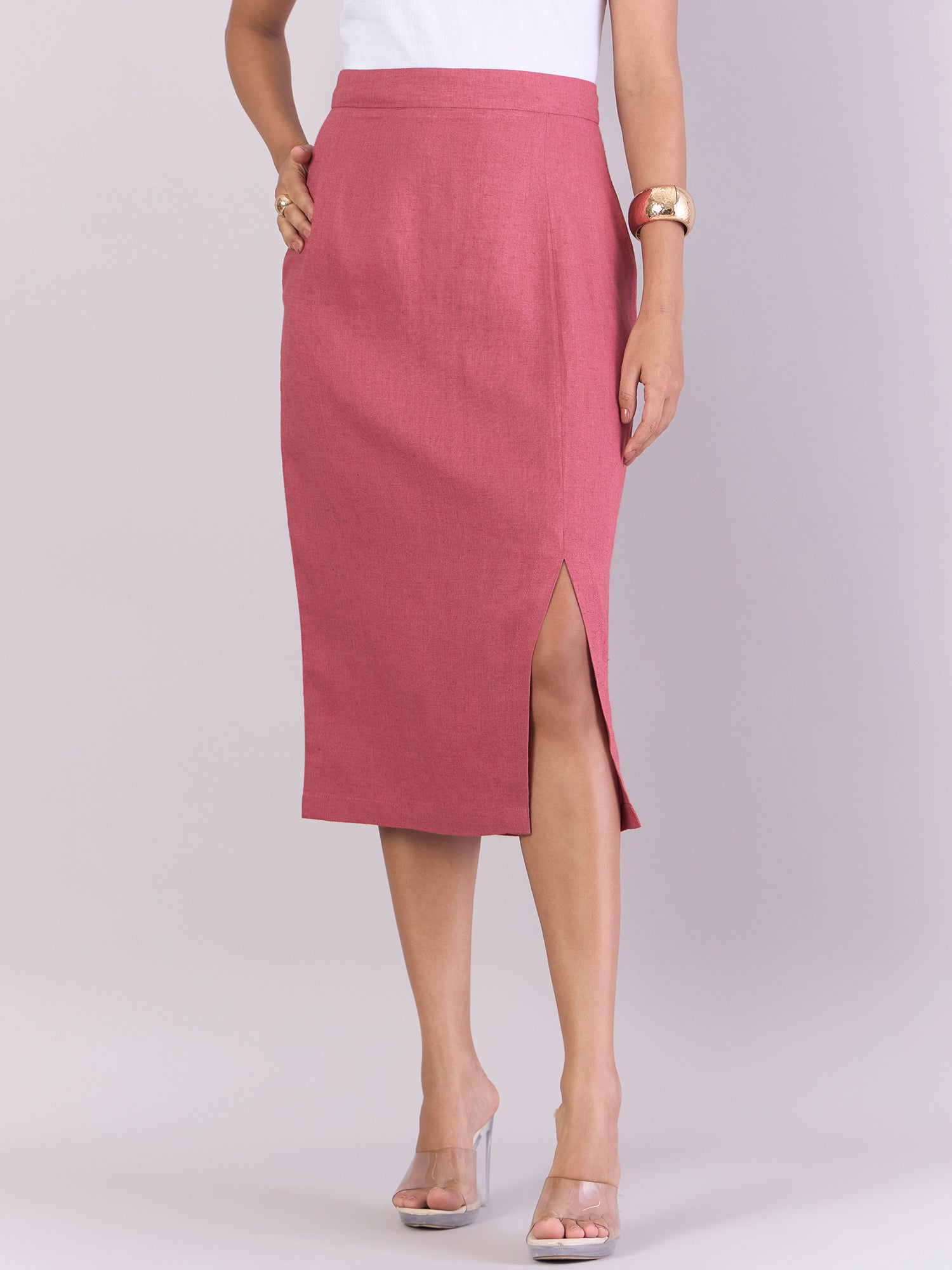 High-Waisted Linen A-Line Midi Skirt - Rose Pink