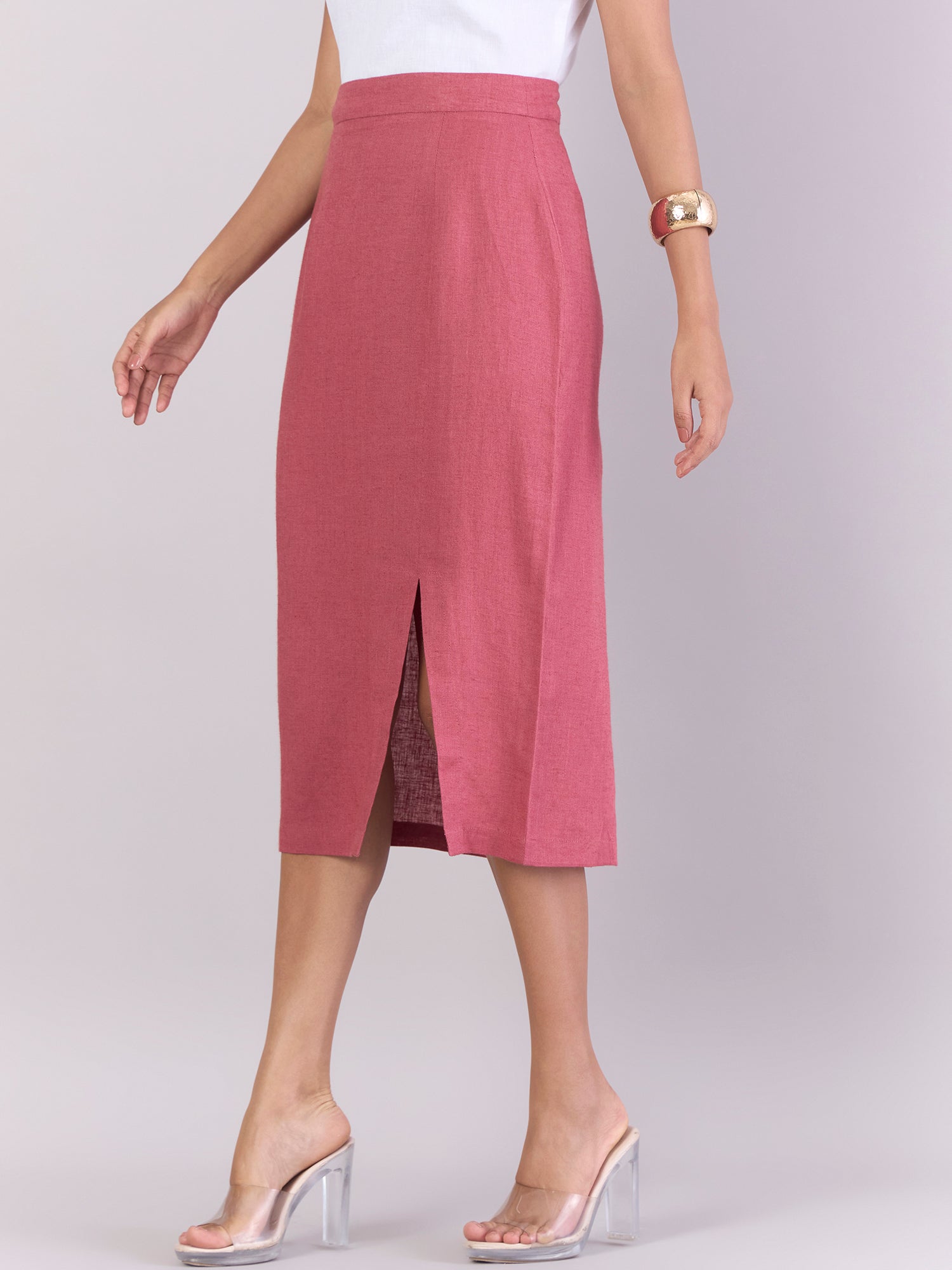 High-Waisted Linen A-Line Midi Skirt - Rose Pink