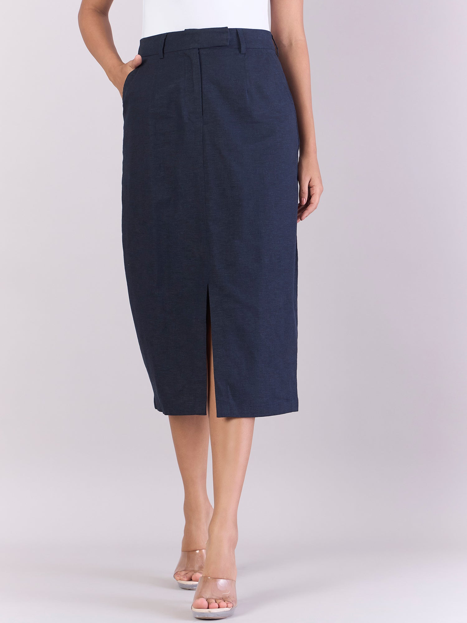 Navy Cotton-Linen Stretchable Skirt With Hook & Fly Closure