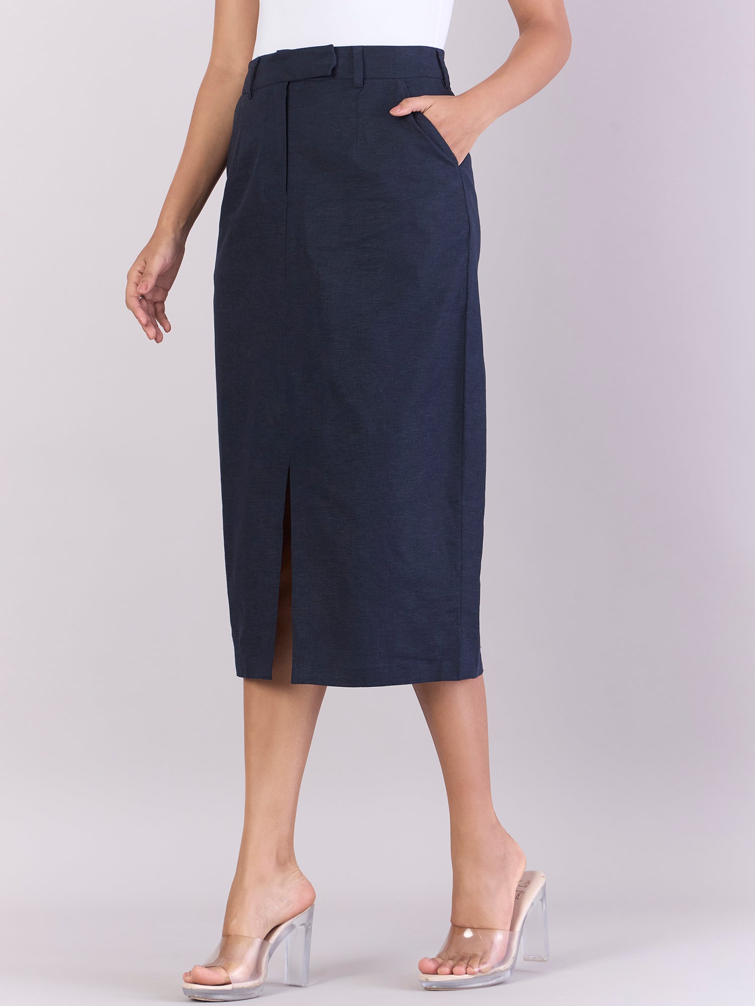 Navy Cotton-Linen Stretchable Skirt With Hook & Fly Closure